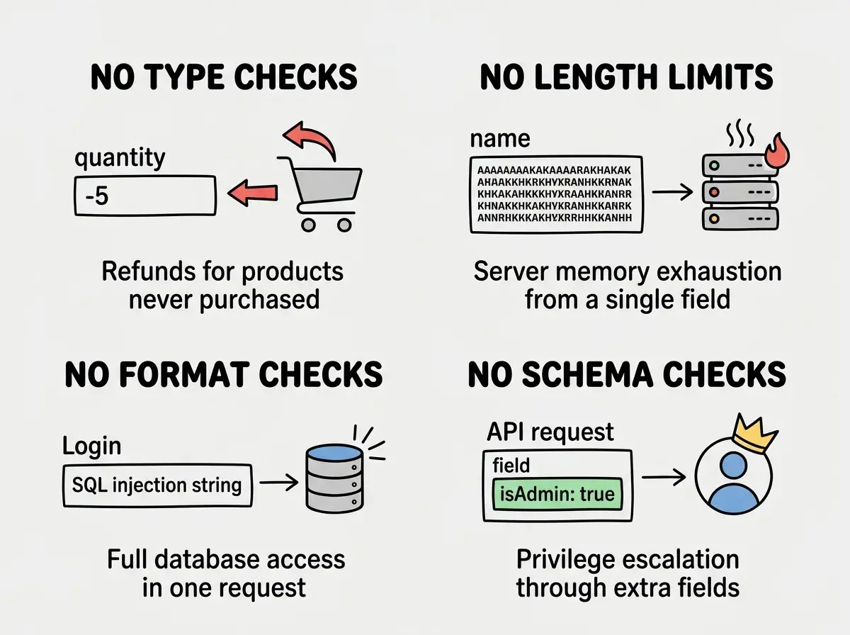 EXPLAINER DIAGRAM: A grid of four panels, each showing a consequence of missing validation. Top-left panel labeled NO TYPE CHECKS shows a quantity field with the value negative five and a shopping cart icon with a red arrow indicating money flowing backward, captioned Refunds for products never purchased. Top-right panel labeled NO LENGTH LIMITS shows a name field with a massive block of text and a server icon overheating, captioned Server memory exhaustion from a single field. Bottom-left panel labeled NO FORMAT CHECKS shows a login field containing a SQL injection string and an open database icon, captioned Full database access in one request. Bottom-right panel labeled NO SCHEMA CHECKS shows an API request with an isAdmin true field and a user icon gaining a crown, captioned Privilege escalation through extra fields.