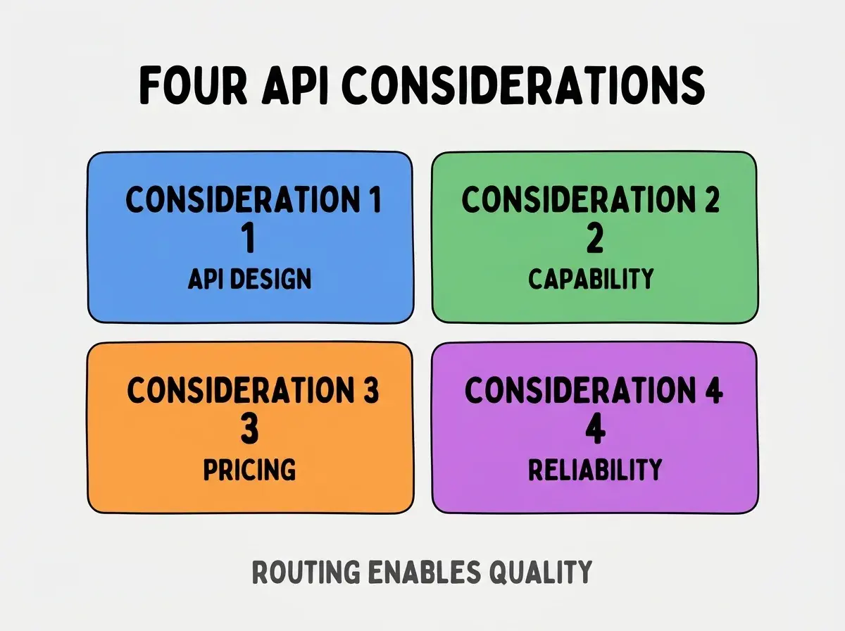 Clean modern flat infographic on light gray background. Top center bold black title text: FOUR API CONSIDERATIONS. Below title, four equal sized colored rounded rectangle cards arranged horizontally. Card 1 blue: large bold text CONSIDERATION 1 then smaller text API DESIGN. Card 2 green: large bold text CONSIDERATION 2 then smaller text CAPABILITY. Card 3 orange: large bold text CONSIDERATION 3 then smaller text PRICING. Card 4 purple: large bold text CONSIDERATION 4 then smaller text RELIABILITY. Single footer line below cards in dark gray text: ROUTING ENABLES QUALITY. Nothing else on canvas. No text outside cards or below cards.