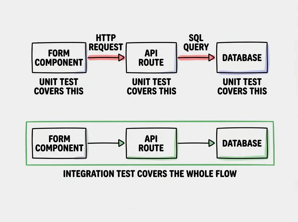 EXPLAINER DIAGRAM: A horizontal flow diagram showing three connected boxes labeled Form Component, API Route, and Database, with arrows between them labeled HTTP Request and SQL Query. Below each box is a smaller label: Form Component says Unit test covers this. API Route says Unit test covers this. Database says Unit test covers this. The arrows between the boxes are highlighted in red with a label Integration test covers these boundaries. A second row below shows the same three boxes but with a green border around all three together and the label Integration test covers the whole flow.