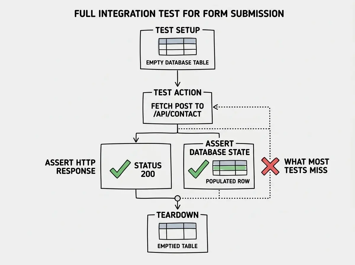 EXPLAINER DIAGRAM: A vertical flow diagram showing a full integration test for a form submission. At the top is a box labeled Test Setup with a database icon showing an empty table. Below it is a box labeled Test Action with an arrow and code showing fetch POST to /api/contact with email and message fields. Below that are two assertion boxes side by side: the left one labeled Assert HTTP Response shows a green checkmark next to status 200 and success true. The right one labeled Assert Database State shows a green checkmark next to a database row with email and message populated. At the bottom is a box labeled Teardown showing the table emptied again. A red X on a dotted line bypasses the database assertion box, labeled What most tests miss.