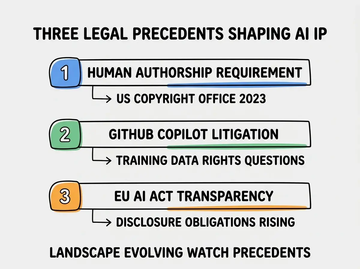 EXPLAINER DIAGRAM titled THREE LEGAL PRECEDENTS SHAPING AI IP shown as a vertical numbered list on a slate background. Three rows. Row 1 blue badge HUMAN AUTHORSHIP REQUIREMENT sublabel US COPYRIGHT OFFICE 2023. Row 2 green badge GITHUB COPILOT LITIGATION sublabel TRAINING DATA RIGHTS QUESTIONS. Row 3 orange badge EU AI ACT TRANSPARENCY sublabel DISCLOSURE OBLIGATIONS RISING. Footer reads LANDSCAPE EVOLVING WATCH PRECEDENTS.