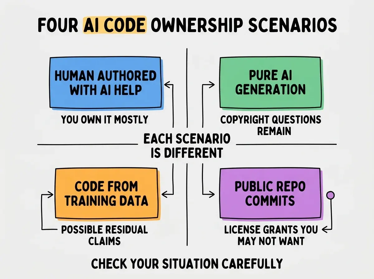 EXPLAINER DIAGRAM titled FOUR AI CODE OWNERSHIP SCENARIOS shown as a 2x2 grid of quadrants on a slate background. Top left blue HUMAN AUTHORED WITH AI HELP sublabel YOU OWN IT MOSTLY. Top right green PURE AI GENERATION sublabel COPYRIGHT QUESTIONS REMAIN. Bottom left orange CODE FROM TRAINING DATA sublabel POSSIBLE RESIDUAL CLAIMS. Bottom right purple PUBLIC REPO COMMITS sublabel LICENSE GRANTS YOU MAY NOT WANT. Center label EACH SCENARIO IS DIFFERENT. Footer reads CHECK YOUR SITUATION CAREFULLY.