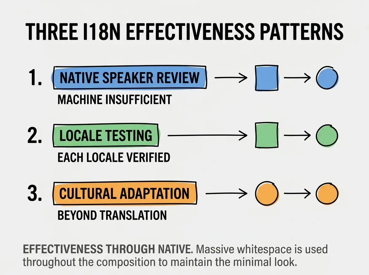 Clean modern flat infographic on light gray background. Top title bold black: THREE I18N EFFECTIVENESS PATTERNS. Single vertical numbered list with three rows. Row 1 blue badge NATIVE SPEAKER REVIEW with subtitle MACHINE INSUFFICIENT. Row 2 green badge LOCALE TESTING with subtitle EACH LOCALE VERIFIED. Row 3 orange badge CULTURAL ADAPTATION with subtitle BEYOND TRANSLATION. Footer text dark gray: EFFECTIVENESS THROUGH NATIVE. Each label appears exactly once. No duplicated text.