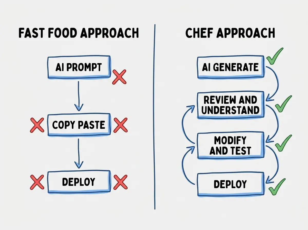 EXPLAINER DIAGRAM: A split comparison layout with two columns. Left column titled FAST FOOD APPROACH shows a linear flow from top to bottom, AI PROMPT to COPY PASTE to DEPLOY, with red X marks. Right column titled CHEF APPROACH shows a cyclical flow, AI GENERATE to REVIEW AND UNDERSTAND to MODIFY AND TEST to DEPLOY, with green check marks. A dividing line between the two columns. Blue and red color scheme on white background.