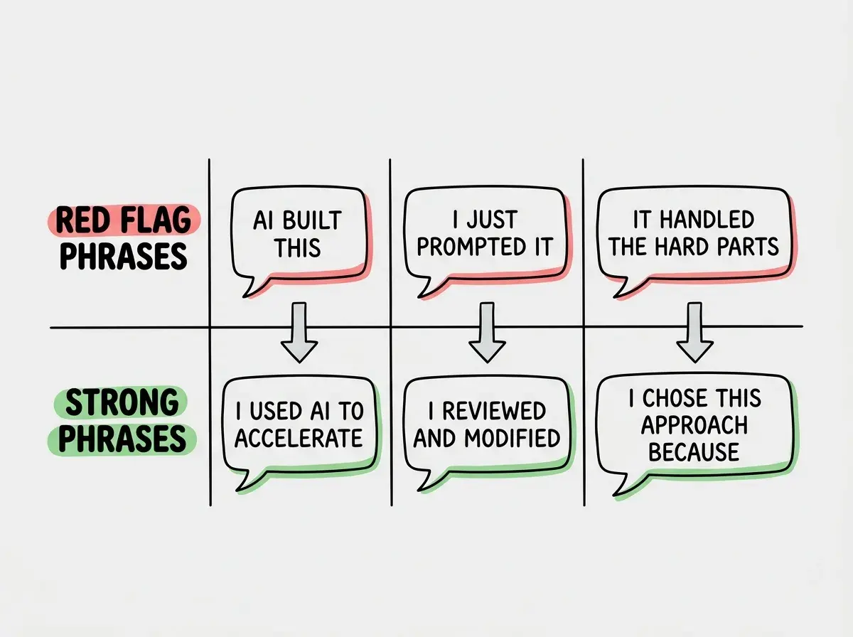 EXPLAINER DIAGRAM: A two-row table layout. Top row labeled RED FLAG PHRASES in red contains three speech bubbles reading AI BUILT THIS, I JUST PROMPTED IT, and IT HANDLED THE HARD PARTS. Bottom row labeled STRONG PHRASES in green contains three speech bubbles reading I USED AI TO ACCELERATE, I REVIEWED AND MODIFIED, and I CHOSE THIS APPROACH BECAUSE. Arrows point from each red phrase down to its green alternative. White background with red and green accents.
