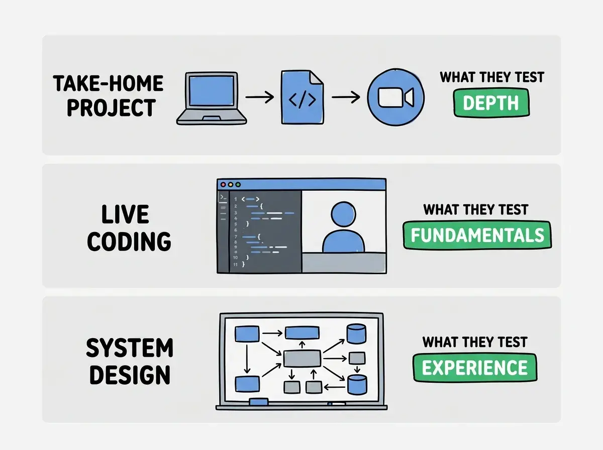 EXPLAINER DIAGRAM: Three horizontal panels stacked vertically, each representing an interview format. Top panel labeled TAKE-HOME PROJECT shows icons for a laptop, a code file, and a video call connected by arrows. Middle panel labeled LIVE CODING shows a split screen with a code editor on the left and a person icon on the right. Bottom panel labeled SYSTEM DESIGN shows a whiteboard with boxes and arrows representing architecture components. Each panel has a green badge showing WHAT THEY TEST, reading DEPTH, FUNDAMENTALS, and EXPERIENCE respectively. Blue and gray color scheme.