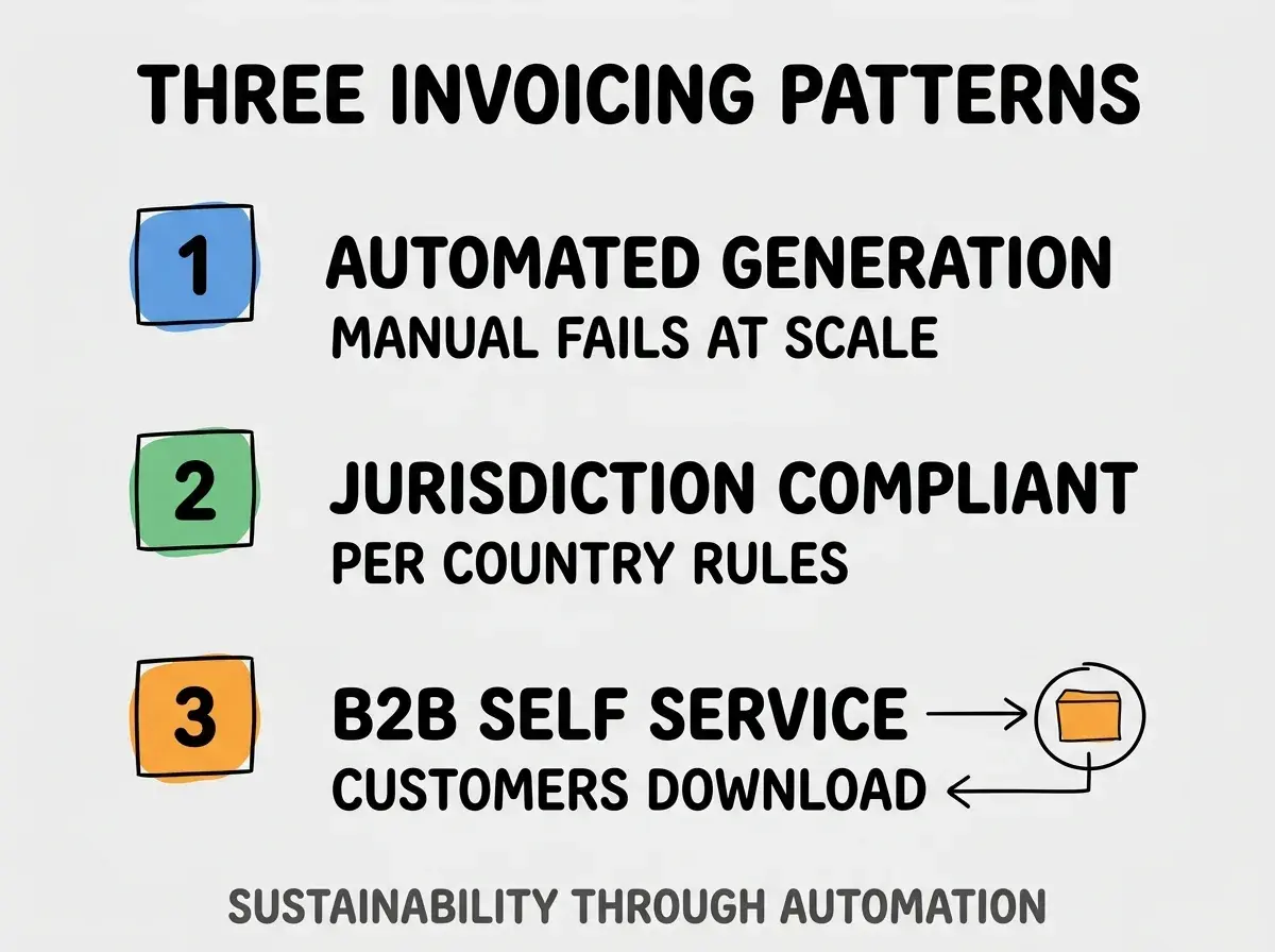 Clean modern flat infographic on light gray background. Top title bold black: THREE INVOICING PATTERNS. Single vertical numbered list with three rows. Row 1 blue badge AUTOMATED GENERATION with subtitle MANUAL FAILS AT SCALE. Row 2 green badge JURISDICTION COMPLIANT with subtitle PER COUNTRY RULES. Row 3 orange badge B2B SELF SERVICE with subtitle CUSTOMERS DOWNLOAD. Footer text dark gray: SUSTAINABILITY THROUGH AUTOMATION. Each label appears exactly once. No duplicated text.