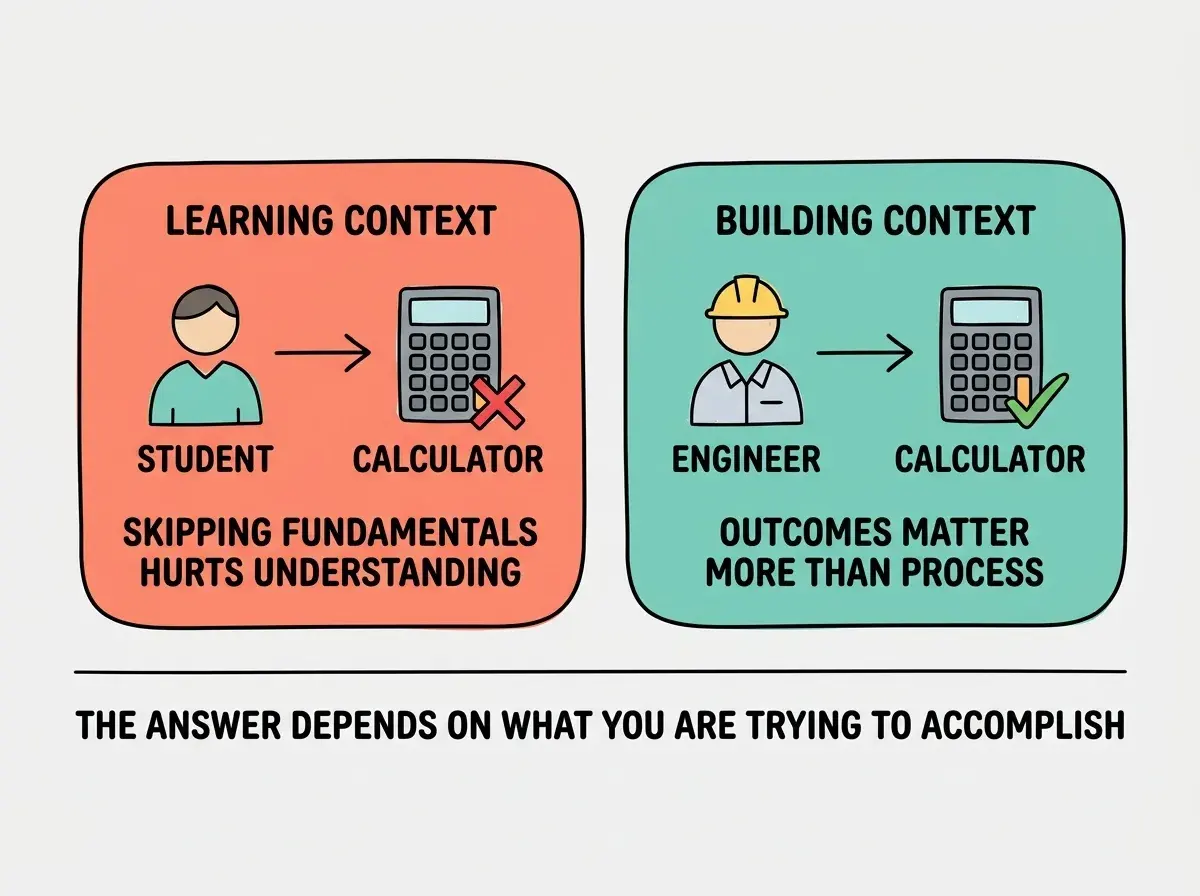 EXPLAINER DIAGRAM: Two side-by-side scenarios in rounded rectangles. Left rectangle labeled LEARNING CONTEXT in a coral background with two rows: top row shows STUDENT icon with arrow pointing to CALCULATOR icon with a red X overlay, bottom text reads SKIPPING FUNDAMENTALS HURTS UNDERSTANDING. Right rectangle labeled BUILDING CONTEXT in a teal background with two rows: top row shows ENGINEER icon with arrow pointing to CALCULATOR icon with a green checkmark, bottom text reads OUTCOMES MATTER MORE THAN PROCESS. A horizontal divider below both rectangles with text THE ANSWER DEPENDS ON WHAT YOU ARE TRYING TO ACCOMPLISH.