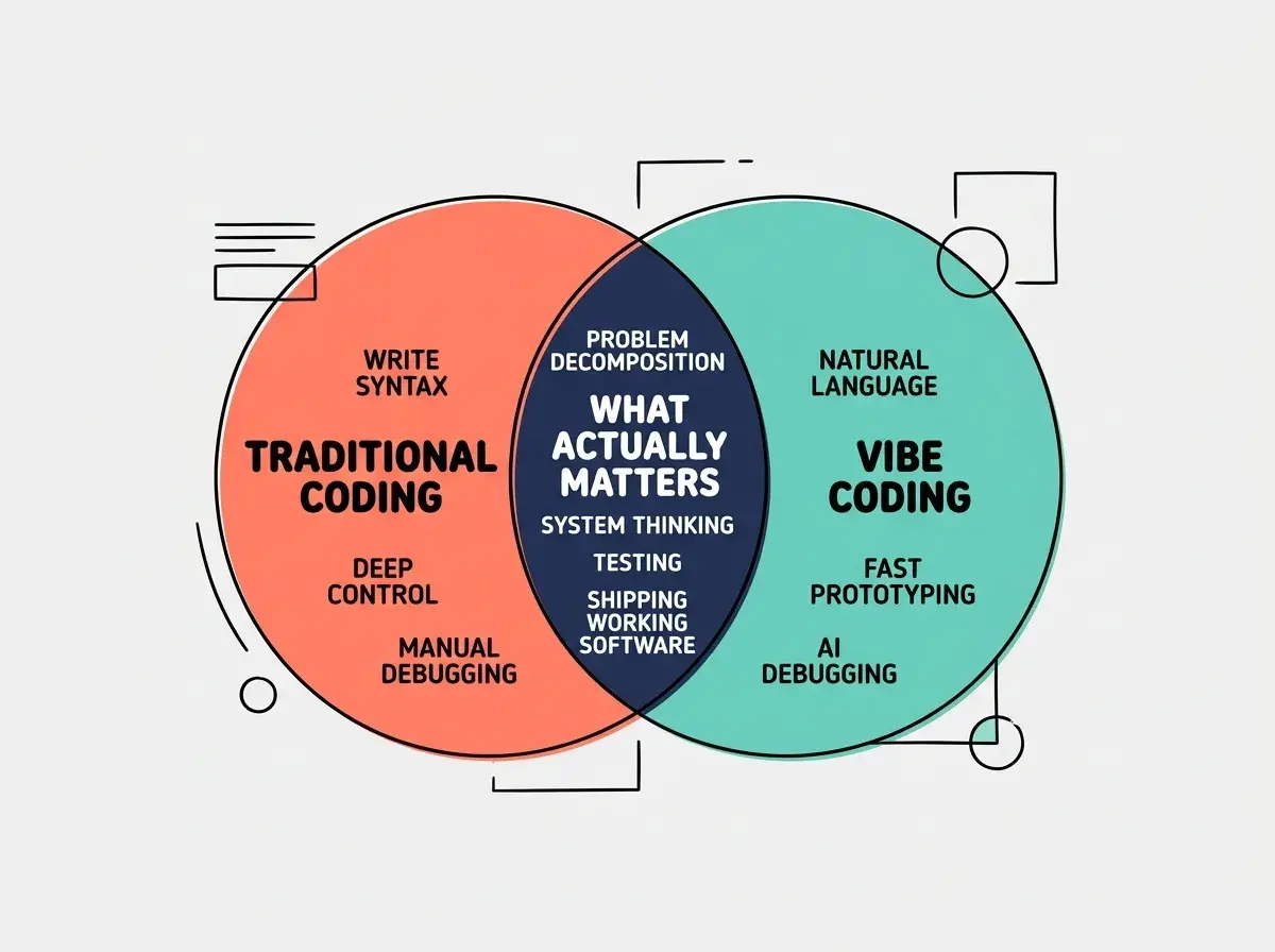 EXPLAINER DIAGRAM: A Venn diagram with two overlapping circles on a white background. Left circle in coral labeled TRADITIONAL CODING with three items listed inside: WRITE SYNTAX, DEEP CONTROL, MANUAL DEBUGGING. Right circle in teal labeled VIBE CODING with three items: NATURAL LANGUAGE, FAST PROTOTYPING, AI DEBUGGING. The overlapping center section in navy labeled WHAT ACTUALLY MATTERS contains four items: PROBLEM DECOMPOSITION, SYSTEM THINKING, TESTING, SHIPPING WORKING SOFTWARE.