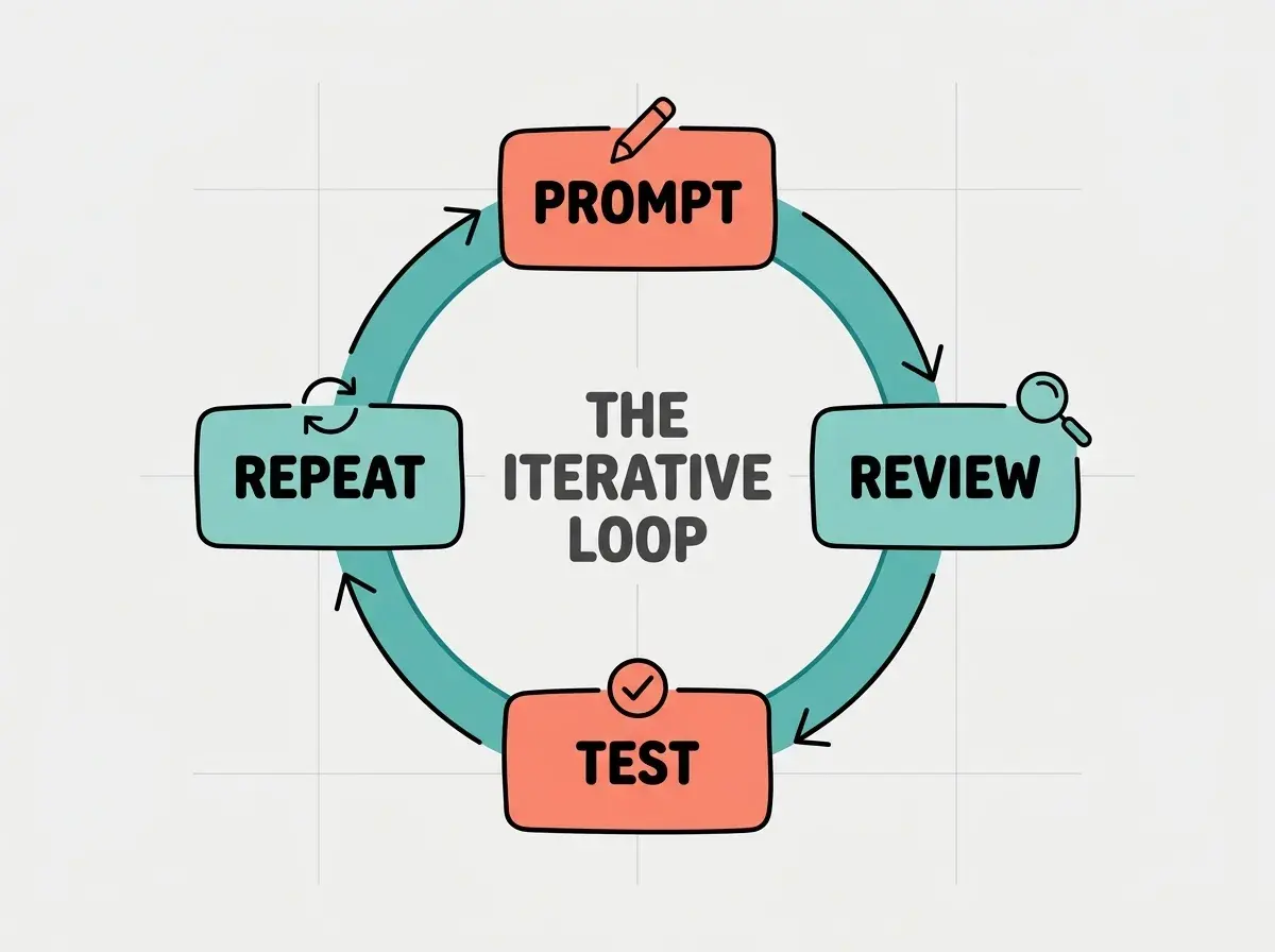 EXPLAINER DIAGRAM: A circular flow with four nodes arranged clockwise on a teal circle. Top node is a rounded rectangle in coral labeled PROMPT with a small pencil icon. Right node is a rounded rectangle in teal labeled REVIEW with a magnifying glass icon. Bottom node is a rounded rectangle in coral labeled TEST with a checkmark icon. Left node is a rounded rectangle in teal labeled REPEAT with a refresh arrow icon. Curved arrows connect each node to the next in clockwise order. Center of the circle reads THE ITERATIVE LOOP in bold dark gray. Light gray background with subtle grid lines.
