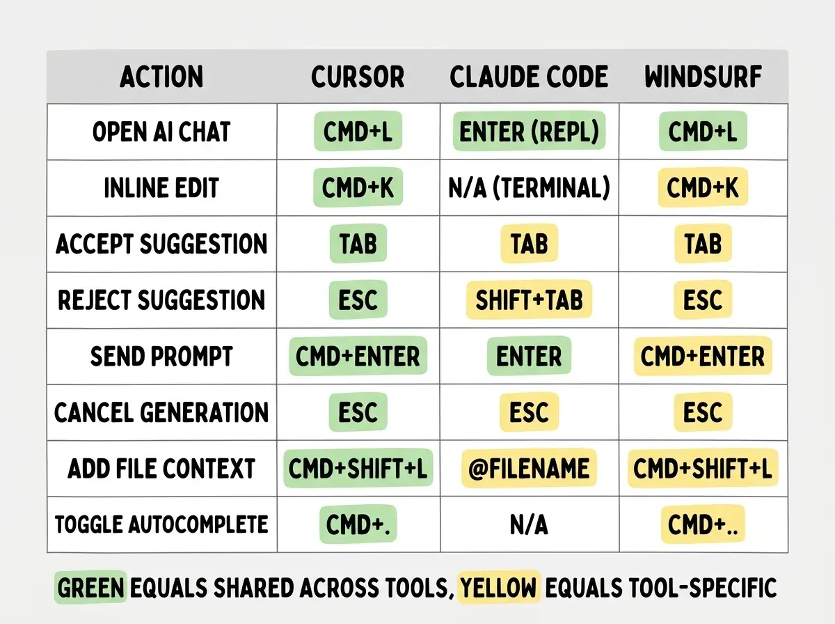 EXPLAINER DIAGRAM: A comparison table layout on white background with four columns and eight rows. Column headers from left to right read ACTION, CURSOR, CLAUDE CODE, and WINDSURF in bold dark text on a light gray header bar. Row 1: Open AI Chat, Cmd+L, Enter (REPL), Cmd+L. Row 2: Inline Edit, Cmd+K, N/A (terminal), Cmd+K. Row 3: Accept Suggestion, Tab, Tab, Tab. Row 4: Reject Suggestion, Esc, Shift+Tab, Esc. Row 5: Send Prompt, Cmd+Enter, Enter, Cmd+Enter. Row 6: Cancel Generation, Esc, Esc, Esc. Row 7: Add File Context, Cmd+Shift+L, @filename, Cmd+Shift+L. Row 8: Toggle Autocomplete, Cmd+., N/A, Cmd+. Cells that share the same shortcut across tools are highlighted with a light green background. Cells unique to one tool have a light yellow background. A legend at the bottom reads GREEN equals shared across tools, YELLOW equals tool-specific.