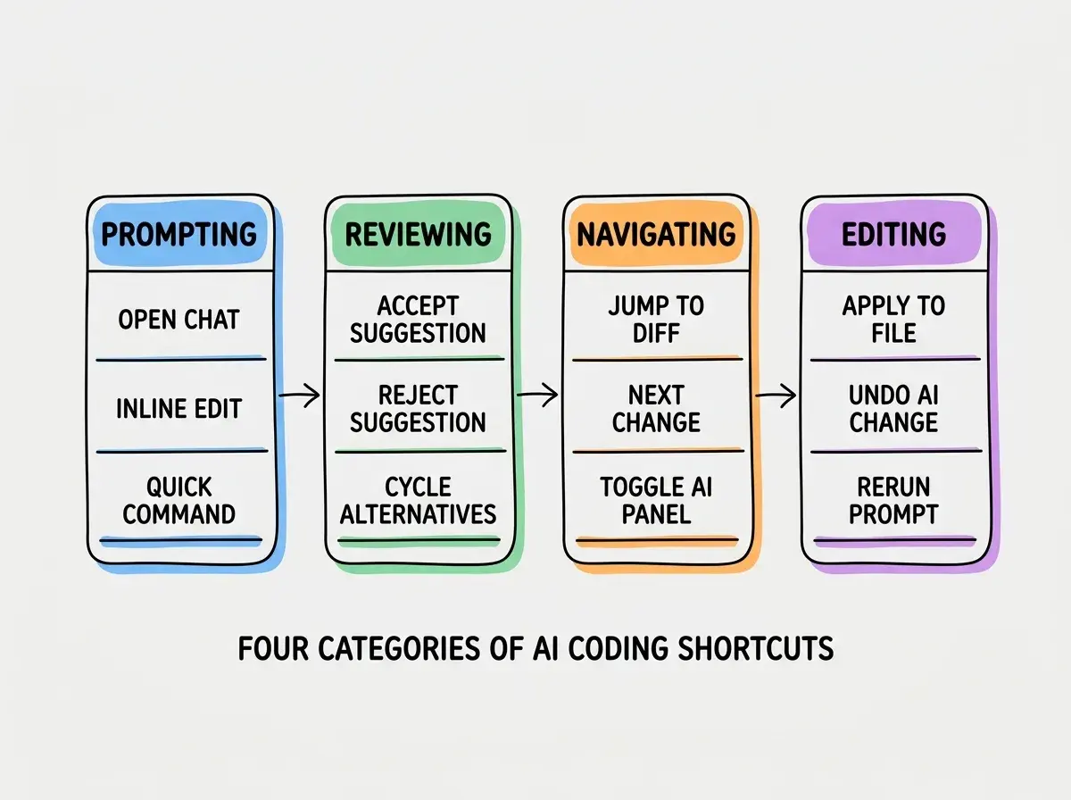 EXPLAINER DIAGRAM: A horizontal layout on white background with four rounded rectangular columns, each representing a shortcut category. Column 1 labeled PROMPTING in blue contains three rows: Open Chat, Inline Edit, and Quick Command. Column 2 labeled REVIEWING in green contains three rows: Accept Suggestion, Reject Suggestion, and Cycle Alternatives. Column 3 labeled NAVIGATING in orange contains three rows: Jump to Diff, Next Change, and Toggle AI Panel. Column 4 labeled EDITING in purple contains three rows: Apply to File, Undo AI Change, and Rerun Prompt. Arrows flow left to right between the columns indicating the typical workflow sequence. A subtitle at the bottom reads FOUR CATEGORIES OF AI CODING SHORTCUTS.