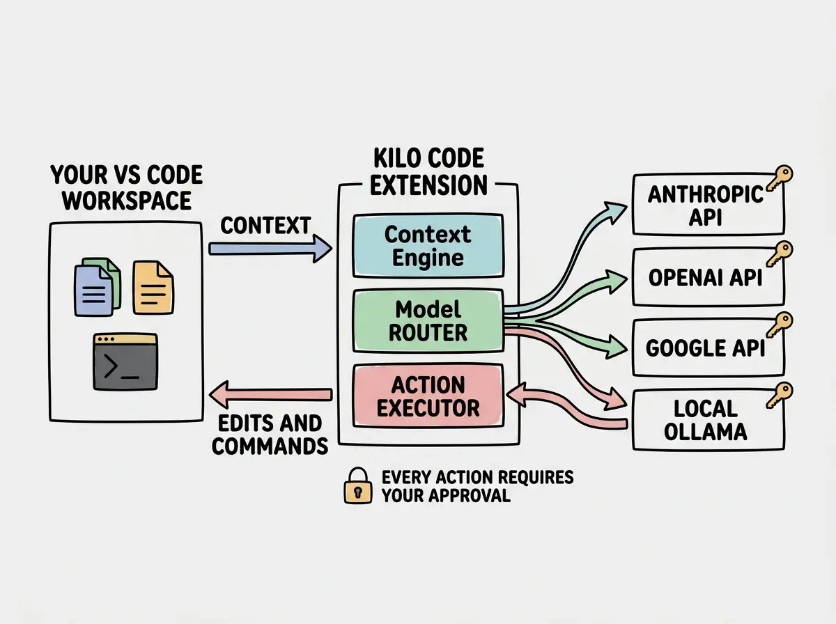 EXPLAINER DIAGRAM: A horizontal flow diagram on white background showing Kilo Code's architecture. On the left, a box labeled YOUR VS CODE WORKSPACE with icons for files and terminal. An arrow labeled CONTEXT flows right to a central box labeled KILO CODE EXTENSION containing three stacked layers: Context Engine at top, Model Router in middle, Action Executor at bottom. From the Model Router, multiple arrows fan out to the right pointing to separate boxes labeled ANTHROPIC API, OPENAI API, GOOGLE API, and LOCAL OLLAMA, each with a small key icon. A return arrow from these API boxes flows back into the Action Executor, which has an arrow flowing left back to the workspace labeled EDITS AND COMMANDS. Below the central box, a small lock icon with text EVERY ACTION REQUIRES YOUR APPROVAL.