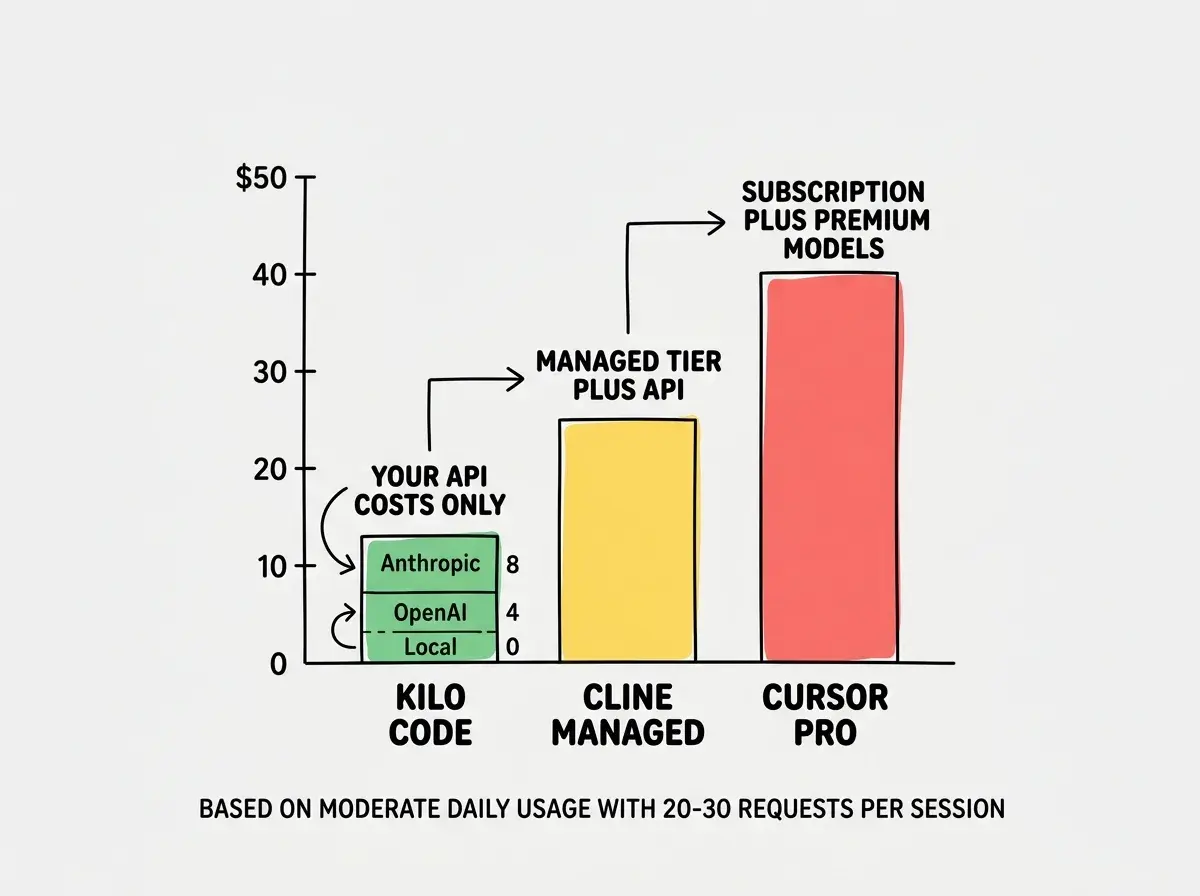 EXPLAINER DIAGRAM: A simple bar chart on white background comparing monthly costs for three tools. The Y-axis shows dollar amounts from 0 to 50. Three bars: KILO CODE bar is shortest at roughly 10-15 dollars, colored green, with a label YOUR API COSTS ONLY and a small breakdown showing Anthropic 8 dollars, OpenAI 4 dollars, Local 0 dollars. CLINE MANAGED bar is medium height at roughly 25 dollars, colored yellow, with label MANAGED TIER PLUS API. CURSOR PRO bar is tallest at roughly 40-45 dollars, colored red, with label SUBSCRIPTION PLUS PREMIUM MODELS. Below the chart, a single line of text reads BASED ON MODERATE DAILY USAGE WITH 20-30 REQUESTS PER SESSION.