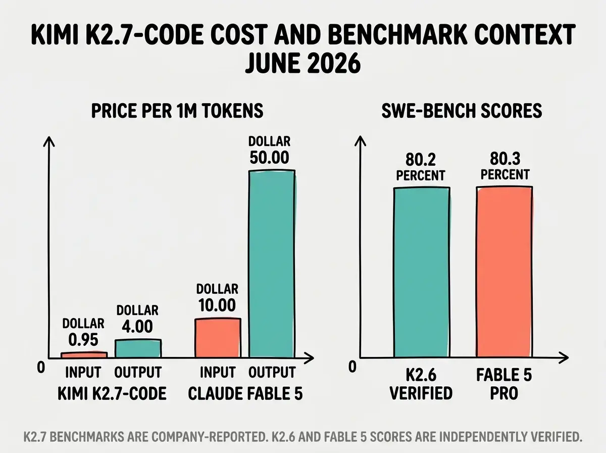 EXPLAINER DIAGRAM: Two grouped bar charts side by side on a light gray background. Left chart labeled PRICE PER 1M TOKENS shows two pairs of bars: pair 1 labeled KIMI K2.7-CODE with a short coral bar for INPUT at dollar 0.95 and a medium teal bar for OUTPUT at dollar 4.00; pair 2 labeled CLAUDE FABLE 5 with a tall coral bar for INPUT at dollar 10.00 and a very tall teal bar for OUTPUT at dollar 50.00. Right chart labeled SWE-BENCH SCORES shows two bars: K2.6 VERIFIED with a teal bar at 80.2 percent, and FABLE 5 PRO with a coral bar at 80.3 percent. Bold black header reads KIMI K2.7-CODE COST AND BENCHMARK CONTEXT JUNE 2026. Gray footer reads K2.7 benchmarks are company-reported. K2.6 and Fable 5 scores are independently verified.