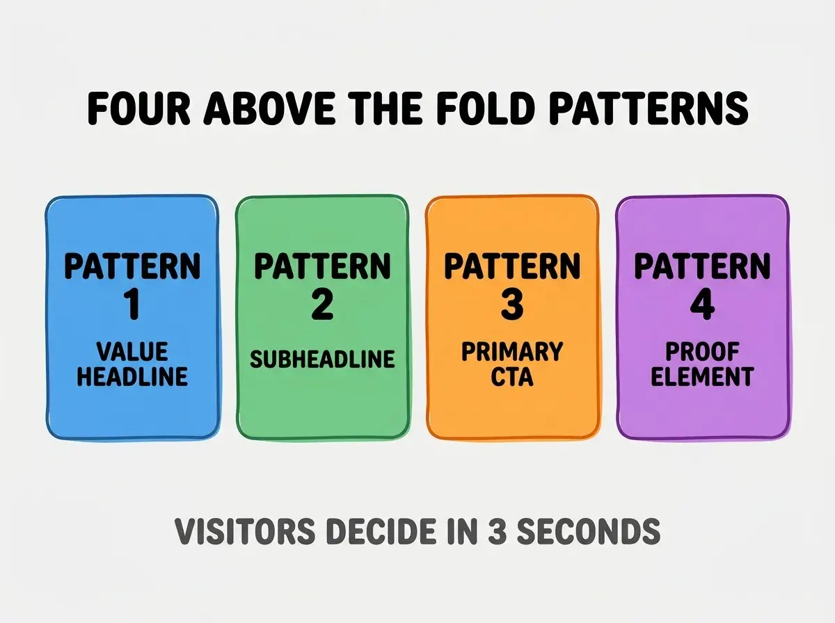 Clean modern flat infographic on light gray background. Top center bold black title text: FOUR ABOVE THE FOLD PATTERNS. Below title, four equal sized colored rounded rectangle cards arranged horizontally. Card 1 blue: large bold text PATTERN 1 then smaller text VALUE HEADLINE. Card 2 green: large bold text PATTERN 2 then smaller text SUBHEADLINE. Card 3 orange: large bold text PATTERN 3 then smaller text PRIMARY CTA. Card 4 purple: large bold text PATTERN 4 then smaller text PROOF ELEMENT. Single footer line below cards in dark gray text: VISITORS DECIDE IN 3 SECONDS. Nothing else on canvas. No text outside cards or below cards.