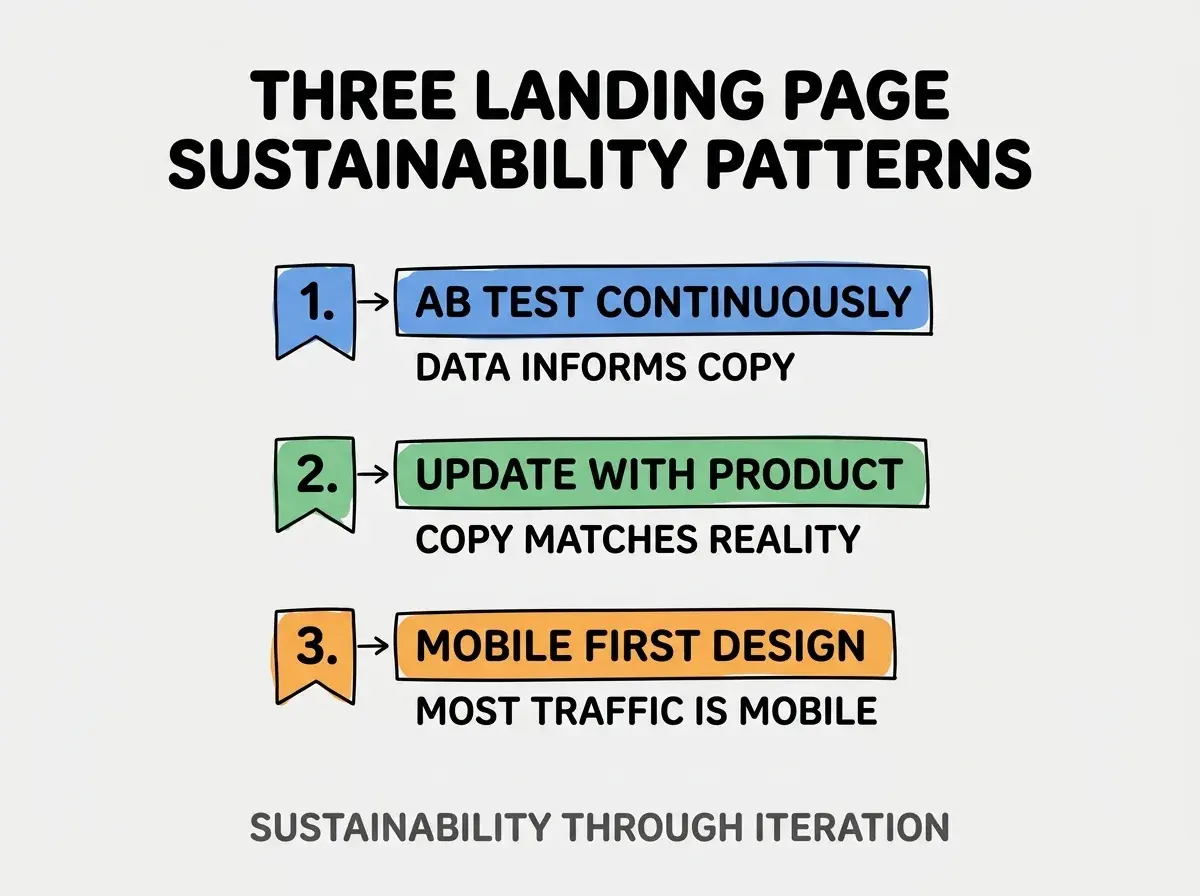 Clean modern flat infographic on light gray background. Top title bold black: THREE LANDING PAGE SUSTAINABILITY PATTERNS. Single vertical numbered list with three rows. Row 1 blue badge AB TEST CONTINUOUSLY with subtitle DATA INFORMS COPY. Row 2 green badge UPDATE WITH PRODUCT with subtitle COPY MATCHES REALITY. Row 3 orange badge MOBILE FIRST DESIGN with subtitle MOST TRAFFIC IS MOBILE. Footer text dark gray: SUSTAINABILITY THROUGH ITERATION. Each label appears exactly once. No duplicated text.