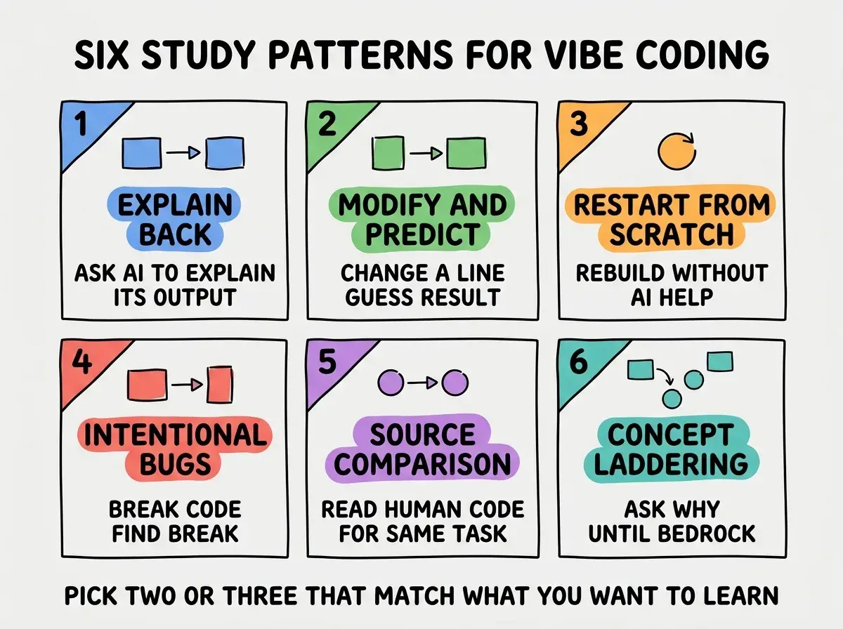 EXPLAINER DIAGRAM titled SIX STUDY PATTERNS FOR VIBE CODING shown as a numbered grid of six tiles on a slate background. Each tile has a colored corner badge and short labels. Tile 1 in blue EXPLAIN BACK, sublabel ASK AI TO EXPLAIN ITS OWN OUTPUT, teaches SYNTAX AND IDIOMS. Tile 2 in green MODIFY AND PREDICT, sublabel CHANGE A LINE, GUESS RESULT, teaches STATE AND CONTROL FLOW. Tile 3 in orange RESTART FROM SCRATCH, sublabel REBUILD WITHOUT AI HELP, teaches RECALL AND DEPTH. Tile 4 in red INTENTIONAL BUGS, sublabel BREAK CODE, FIND BREAK, teaches DEBUGGING INSTINCT. Tile 5 in purple SOURCE COMPARISON, sublabel READ HUMAN CODE FOR SAME TASK, teaches IDIOMS AND TASTE. Tile 6 in teal CONCEPT LADDERING, sublabel ASK WHY UNTIL YOU HIT BEDROCK, teaches MENTAL MODELS. Footer reads PICK TWO OR THREE THAT MATCH WHAT YOU WANT TO LEARN.
