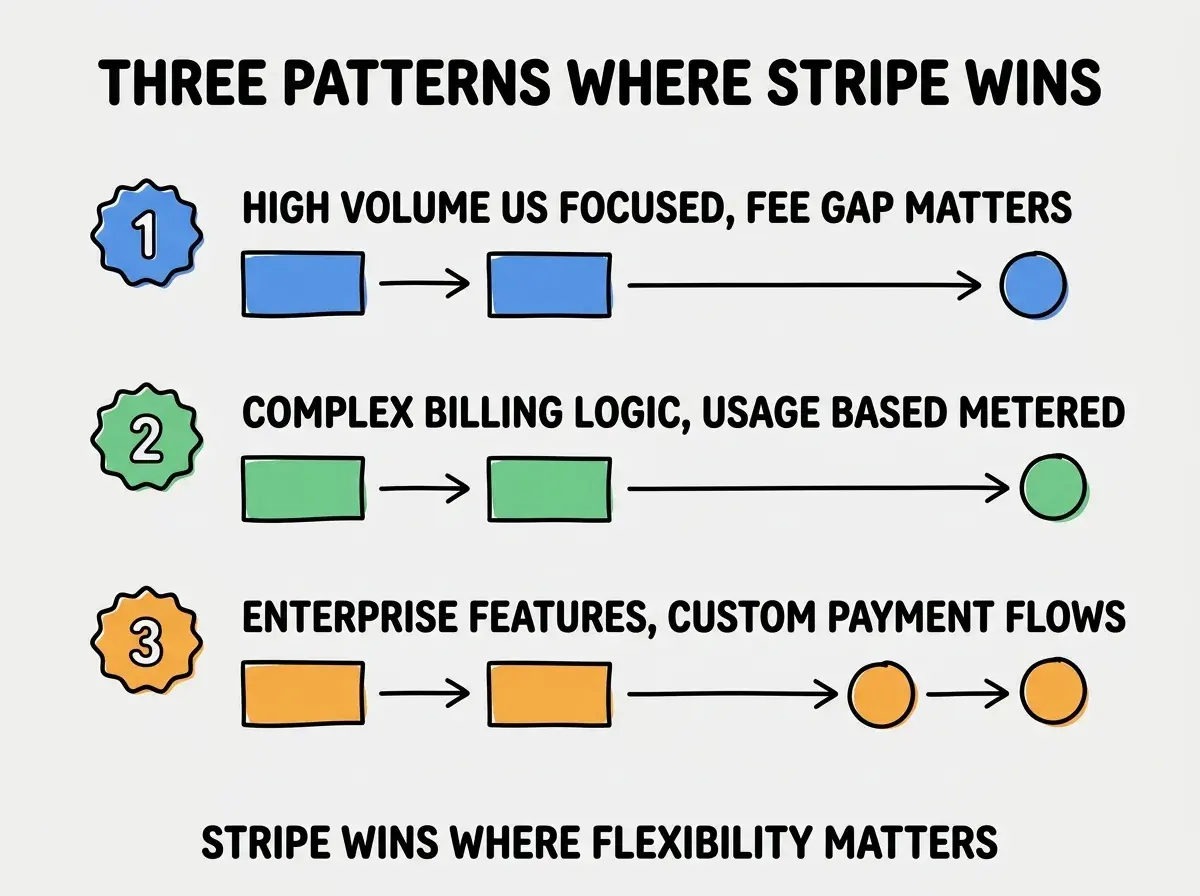 EXPLAINER DIAGRAM titled THREE PATTERNS WHERE STRIPE WINS shown as a vertical numbered list on a slate background. Three rows. Row 1 blue badge HIGH VOLUME US FOCUSED sublabel FEE GAP MATTERS. Row 2 green badge COMPLEX BILLING LOGIC sublabel USAGE BASED METERED. Row 3 orange badge ENTERPRISE FEATURES sublabel CUSTOM PAYMENT FLOWS. Footer reads STRIPE WINS WHERE FLEXIBILITY MATTERS.
