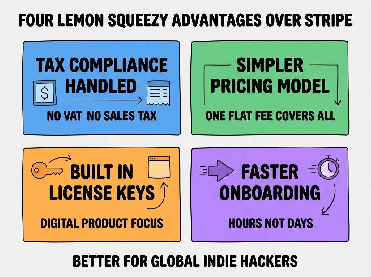 EXPLAINER DIAGRAM titled FOUR LEMON SQUEEZY ADVANTAGES OVER STRIPE shown as a 2x2 grid of quadrants on a slate background. Top left blue TAX COMPLIANCE HANDLED sublabel NO VAT NO SALES TAX. Top right green SIMPLER PRICING MODEL sublabel ONE FLAT FEE COVERS ALL. Bottom left orange BUILT IN LICENSE KEYS sublabel DIGITAL PRODUCT FOCUS. Bottom right purple FASTER ONBOARDING sublabel HOURS NOT DAYS. Center label reads MOR ABSTRACTION COMPOUNDS. Footer reads BETTER FOR GLOBAL INDIE HACKERS.