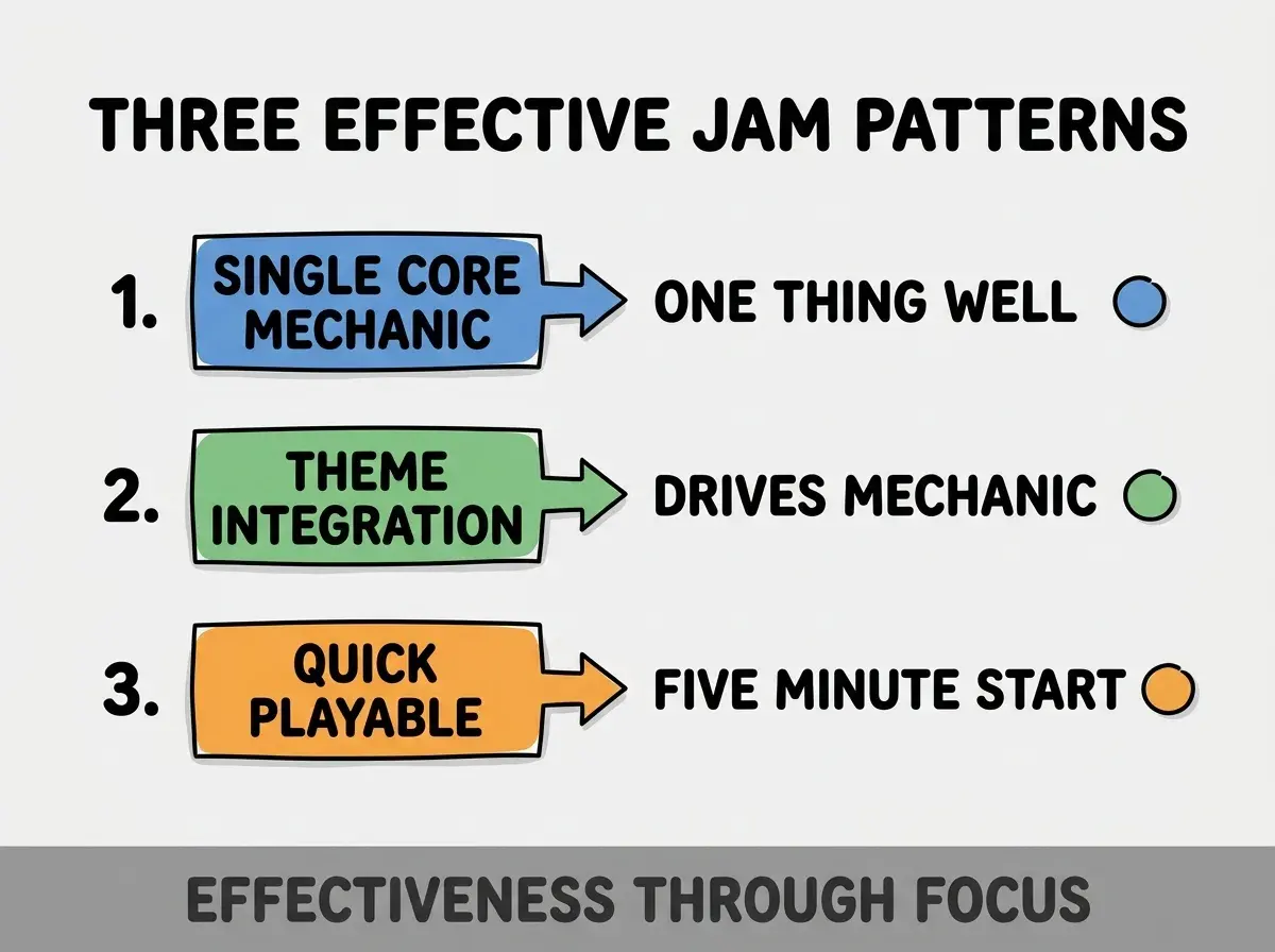 Clean modern flat infographic on light gray background. Top title bold black: THREE EFFECTIVE JAM PATTERNS. Single vertical numbered list with three rows. Row 1 blue badge SINGLE CORE MECHANIC with subtitle ONE THING WELL. Row 2 green badge THEME INTEGRATION with subtitle DRIVES MECHANIC. Row 3 orange badge QUICK PLAYABLE with subtitle FIVE MINUTE START. Footer text dark gray: EFFECTIVENESS THROUGH FOCUS. Each label appears exactly once. No duplicated text.