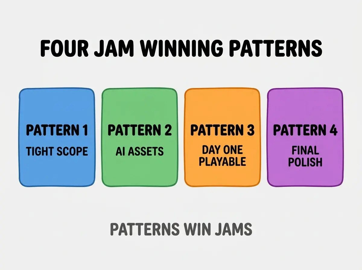 Clean modern flat infographic on light gray background. Top center bold black title text: FOUR JAM WINNING PATTERNS. Below title, four equal sized colored rounded rectangle cards arranged horizontally. Card 1 blue: large bold text PATTERN 1 then smaller text TIGHT SCOPE. Card 2 green: large bold text PATTERN 2 then smaller text AI ASSETS. Card 3 orange: large bold text PATTERN 3 then smaller text DAY ONE PLAYABLE. Card 4 purple: large bold text PATTERN 4 then smaller text FINAL POLISH. Single footer line below cards in dark gray text: PATTERNS WIN JAMS. Nothing else on canvas. No text outside cards or below cards.