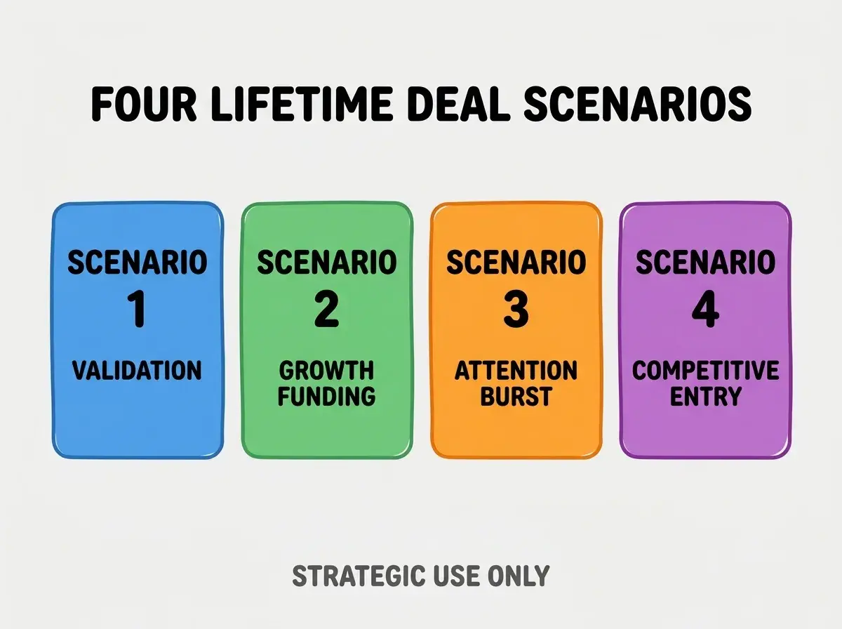 Clean modern flat infographic on light gray background. Top center bold black title text: FOUR LIFETIME DEAL SCENARIOS. Below title, four equal sized colored rounded rectangle cards arranged horizontally. Card 1 blue: large bold text SCENARIO 1 then smaller text VALIDATION. Card 2 green: large bold text SCENARIO 2 then smaller text GROWTH FUNDING. Card 3 orange: large bold text SCENARIO 3 then smaller text ATTENTION BURST. Card 4 purple: large bold text SCENARIO 4 then smaller text COMPETITIVE ENTRY. Single footer line below cards in dark gray text: STRATEGIC USE ONLY. Nothing else on canvas. No text outside cards or below cards.