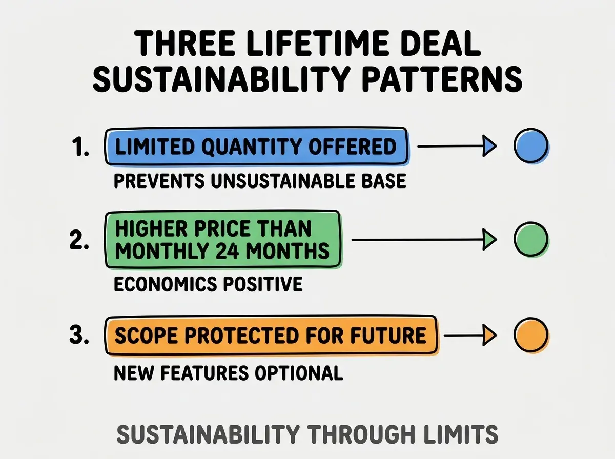 Clean modern flat infographic on light gray background. Top title bold black: THREE LIFETIME DEAL SUSTAINABILITY PATTERNS. Single vertical numbered list with three rows. Row 1 blue badge LIMITED QUANTITY OFFERED with subtitle PREVENTS UNSUSTAINABLE BASE. Row 2 green badge HIGHER PRICE THAN MONTHLY 24 MONTHS with subtitle ECONOMICS POSITIVE. Row 3 orange badge SCOPE PROTECTED FOR FUTURE with subtitle NEW FEATURES OPTIONAL. Footer text dark gray: SUSTAINABILITY THROUGH LIMITS. Each label appears exactly once. No duplicated text.