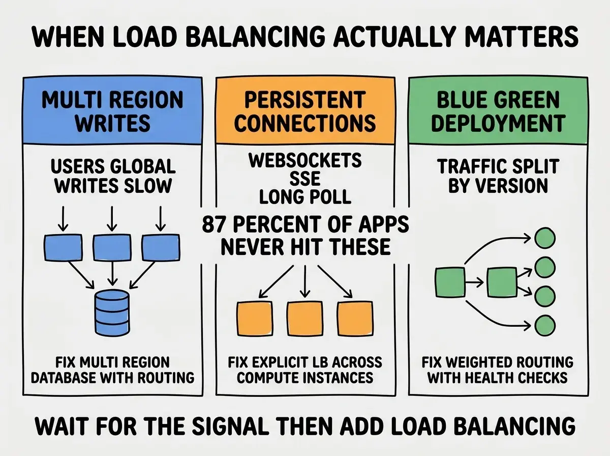 EXPLAINER DIAGRAM titled WHEN LOAD BALANCING ACTUALLY MATTERS shown as a horizontal three-panel layout on a slate background. Panel 1 colored blue header MULTI REGION WRITES sublabel USERS GLOBAL, WRITES SLOW, with note FIX MULTI REGION DATABASE WITH ROUTING. Panel 2 colored orange header PERSISTENT CONNECTIONS sublabel WEBSOCKETS, SSE, LONG POLL, with note FIX EXPLICIT LB ACROSS COMPUTE INSTANCES. Panel 3 colored green header BLUE GREEN DEPLOYMENT sublabel TRAFFIC SPLIT BY VERSION, with note FIX WEIGHTED ROUTING WITH HEALTH CHECKS. Center label reads 87 PERCENT OF APPS NEVER HIT THESE. Footer reads WAIT FOR THE SIGNAL THEN ADD LOAD BALANCING.