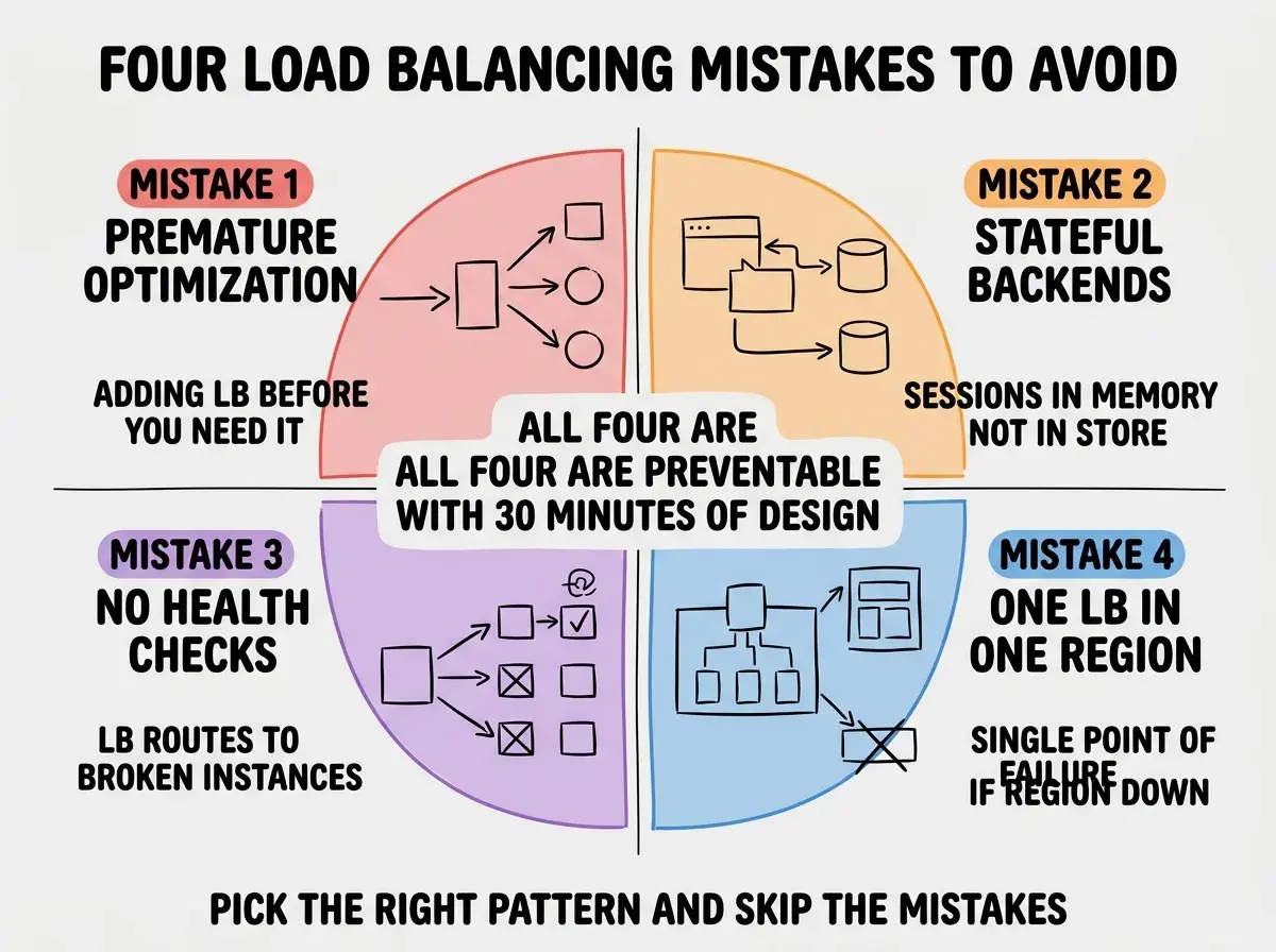 EXPLAINER DIAGRAM titled FOUR LOAD BALANCING MISTAKES TO AVOID shown as a 2x2 grid of quadrants on a slate background. Top left quadrant red MISTAKE 1 PREMATURE OPTIMIZATION sublabel ADDING LB BEFORE YOU NEED IT. Top right orange MISTAKE 2 STATEFUL BACKENDS sublabel SESSIONS IN MEMORY NOT IN STORE. Bottom left purple MISTAKE 3 NO HEALTH CHECKS sublabel LB ROUTES TO BROKEN INSTANCES. Bottom right blue MISTAKE 4 ONE LB IN ONE REGION sublabel SINGLE POINT OF FAILURE IF REGION DOWN. Center label reads ALL FOUR ARE PREVENTABLE WITH 30 MINUTES OF DESIGN. Footer reads PICK THE RIGHT PATTERN AND SKIP THE MISTAKES.