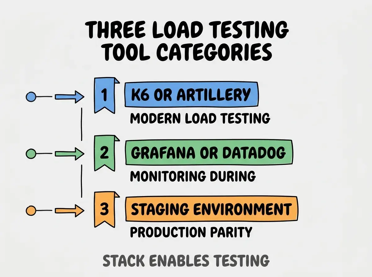 Clean modern flat infographic on light gray background. Top title bold black: THREE LOAD TESTING TOOL CATEGORIES. Single vertical numbered list with three rows. Row 1 blue badge K6 OR ARTILLERY with subtitle MODERN LOAD TESTING. Row 2 green badge GRAFANA OR DATADOG with subtitle MONITORING DURING. Row 3 orange badge STAGING ENVIRONMENT with subtitle PRODUCTION PARITY. Footer text dark gray: STACK ENABLES TESTING. Each label appears exactly once. No duplicated text.
