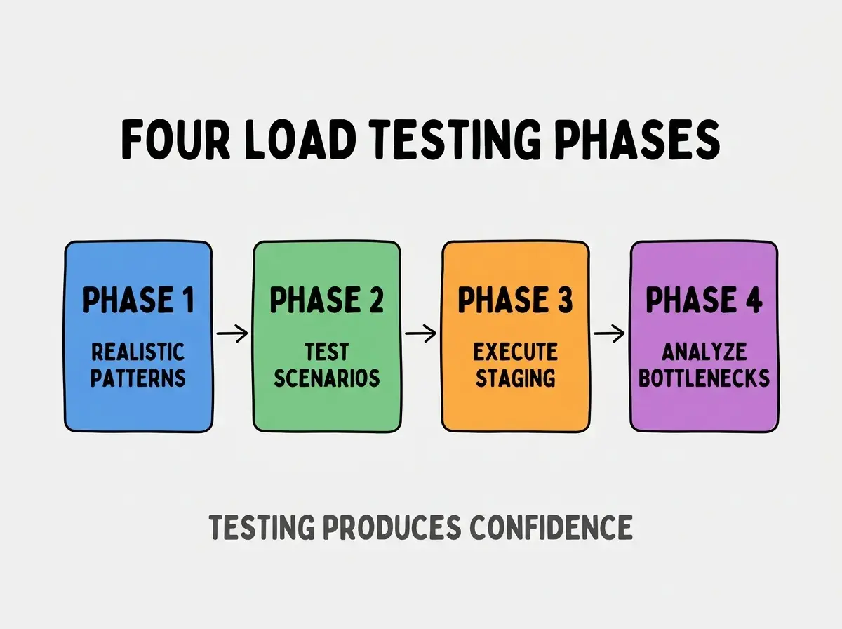 Clean modern flat infographic on light gray background. Top center bold black title text: FOUR LOAD TESTING PHASES. Below title, four equal sized colored rounded rectangle cards arranged horizontally with arrows. Card 1 blue: large bold text PHASE 1 then smaller text REALISTIC PATTERNS. Card 2 green: large bold text PHASE 2 then smaller text TEST SCENARIOS. Card 3 orange: large bold text PHASE 3 then smaller text EXECUTE STAGING. Card 4 purple: large bold text PHASE 4 then smaller text ANALYZE BOTTLENECKS. Single footer line below cards in dark gray text: TESTING PRODUCES CONFIDENCE. Nothing else on canvas. No text outside cards or below cards.