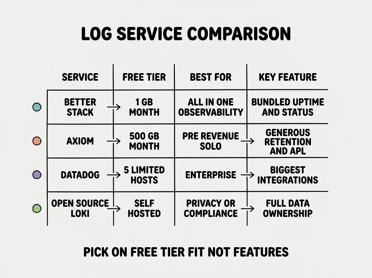 EXPLAINER DIAGRAM titled LOG SERVICE COMPARISON shown as a four row table on a slate background. Columns SERVICE, FREE TIER, BEST FOR, KEY FEATURE. Row 1 SERVICE BETTER STACK, FREE TIER 1 GB MONTH, BEST FOR ALL IN ONE OBSERVABILITY, KEY FEATURE BUNDLED UPTIME AND STATUS. Row 2 SERVICE AXIOM, FREE TIER 500 GB MONTH 30 DAY RETENTION, BEST FOR SOLO BUILDERS PRE REVENUE, KEY FEATURE GENEROUS RETENTION AND APL. Row 3 SERVICE DATADOG, FREE TIER 5 LIMITED HOSTS, BEST FOR ENTERPRISE TEAMS, KEY FEATURE BIGGEST INTEGRATION ECOSYSTEM. Row 4 SERVICE OPEN SOURCE LOKI, FREE TIER SELF HOSTED, BEST FOR PRIVACY OR COMPLIANCE, KEY FEATURE FULL DATA OWNERSHIP. Each row has a colored dot. A footer reads PICK ON FREE TIER FIT NOT FEATURES.