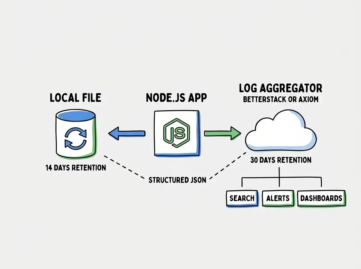 EXPLAINER DIAGRAM: Log shipping architecture from app to aggregator. Center shows a Node.js application icon. Two arrows leave the app. One arrow points left to a cylinder labeled LOCAL FILE with a logrotate icon below it and a retention label showing 14 days. One arrow points right to a cloud icon labeled LOG AGGREGATOR (BetterStack or Axiom) with a retention label showing 30 days. Below the aggregator are three boxes labeled SEARCH, ALERTS, and DASHBOARDS. A dashed line at the bottom connects both destinations to a label reading STRUCTURED JSON. Clean flat architecture diagram with blue and green accents on white background.