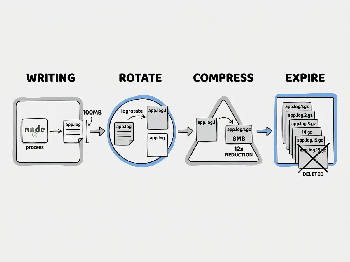 EXPLAINER DIAGRAM: Log rotation lifecycle showing four stages from left to right. Stage 1 labeled WRITING shows a Node.js process icon pointing to a file named app.log that is growing in size, shown as a bar filling up to 100MB. Stage 2 labeled ROTATE shows logrotate moving app.log to app.log.1 and creating a new empty app.log. Stage 3 labeled COMPRESS shows app.log.1 being compressed to app.log.1.gz at roughly 8MB, with an arrow labeled 12x reduction. Stage 4 labeled EXPIRE shows files app.log.1.gz through app.log.14.gz in a stack, with app.log.15.gz being crossed out and deleted. Clean technical diagram with gray and blue accents on white background.