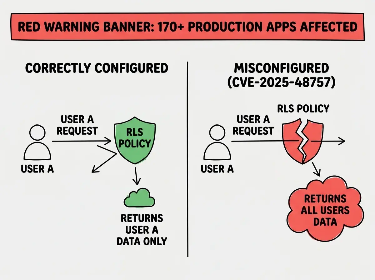 Explainer diagram showing the Row Level Security vulnerability: on the left side a correctly configured app where User A's request bounces off a shield labeled RLS Policy and only returns User A's data, and on the right side an incorrectly configured app where User A's request passes through an open gap labeled Missing RLS and returns all users' data