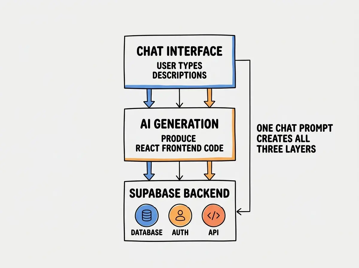 Explainer diagram showing Lovable's architecture with three layers: a chat interface at top where the user types descriptions, a middle layer where the AI generates React frontend code, and a bottom layer showing the Supabase backend with database, authentication, and storage components connected to the frontend