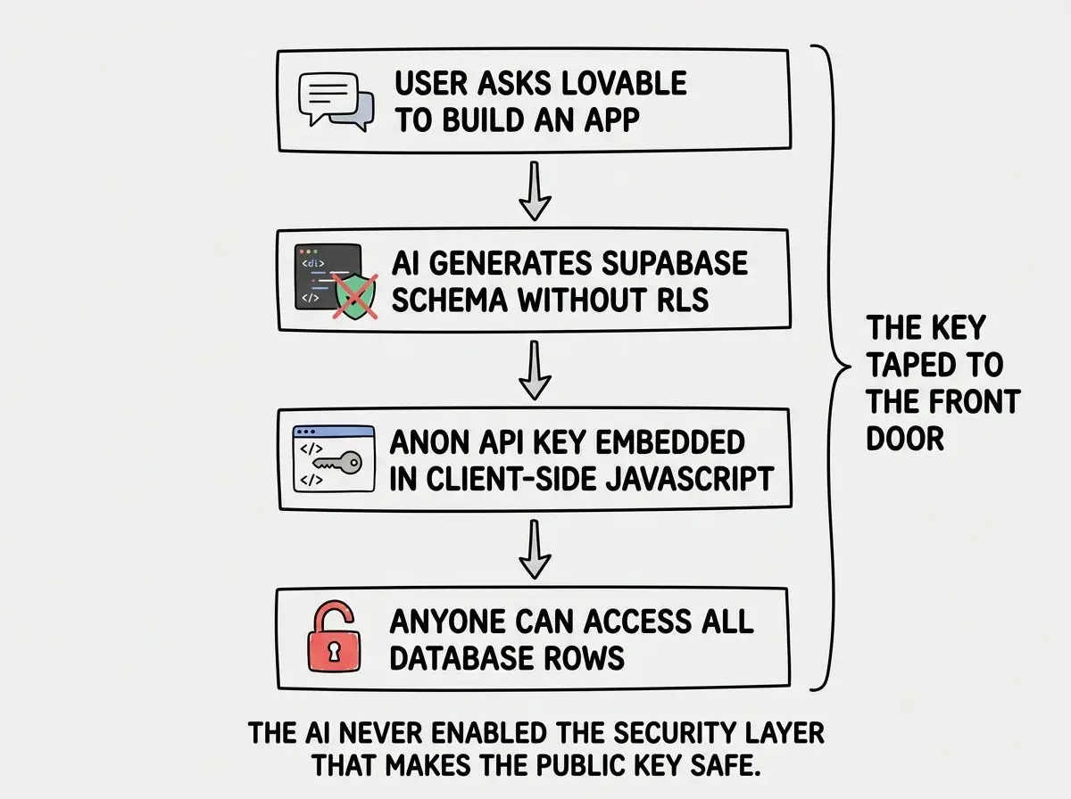 EXPLAINER DIAGRAM: A vertical flowchart with four steps showing how the vulnerability worked. Step 1 at top shows a box labeled USER ASKS LOVABLE TO BUILD AN APP with a chat bubble icon. An arrow points down to Step 2, a box labeled AI GENERATES SUPABASE SCHEMA WITHOUT RLS containing a small code snippet icon with a red X over a shield. Arrow points to Step 3, a box labeled ANON API KEY EMBEDDED IN CLIENT-SIDE JAVASCRIPT with a browser window icon showing a key visible in the source code. Arrow points to Step 4 at bottom, a box labeled ANYONE CAN ACCESS ALL DATABASE ROWS with a red unlocked padlock icon. On the right side, a vertical bracket spans all four steps with text THE KEY TAPED TO THE FRONT DOOR. Below the diagram, a note reads THE AI NEVER ENABLED THE SECURITY LAYER THAT MAKES THE PUBLIC KEY SAFE.