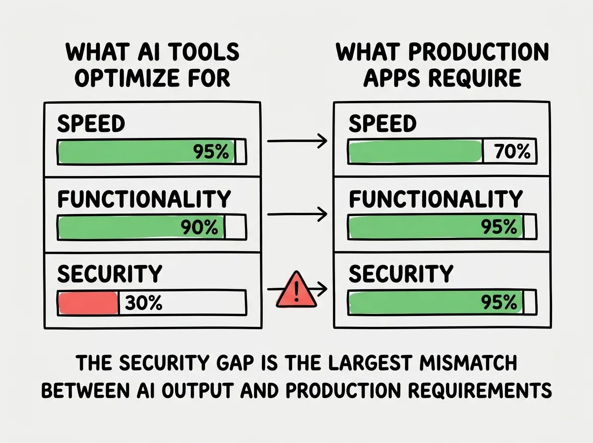 EXPLAINER DIAGRAM: A two-column comparison table. Left column header reads WHAT AI TOOLS OPTIMIZE FOR with three rows: SPEED with a green bar at 95 percent, FUNCTIONALITY with a green bar at 90 percent, and SECURITY with a red bar at 30 percent. Right column header reads WHAT PRODUCTION APPS REQUIRE with three rows: SPEED with a green bar at 70 percent, FUNCTIONALITY with a green bar at 95 percent, and SECURITY with a green bar at 95 percent. Between the two columns, arrows connect each row showing the gap. The SECURITY row has the largest gap highlighted with a red warning triangle. Below the table, text reads THE SECURITY GAP IS THE LARGEST MISMATCH BETWEEN AI OUTPUT AND PRODUCTION REQUIREMENTS.