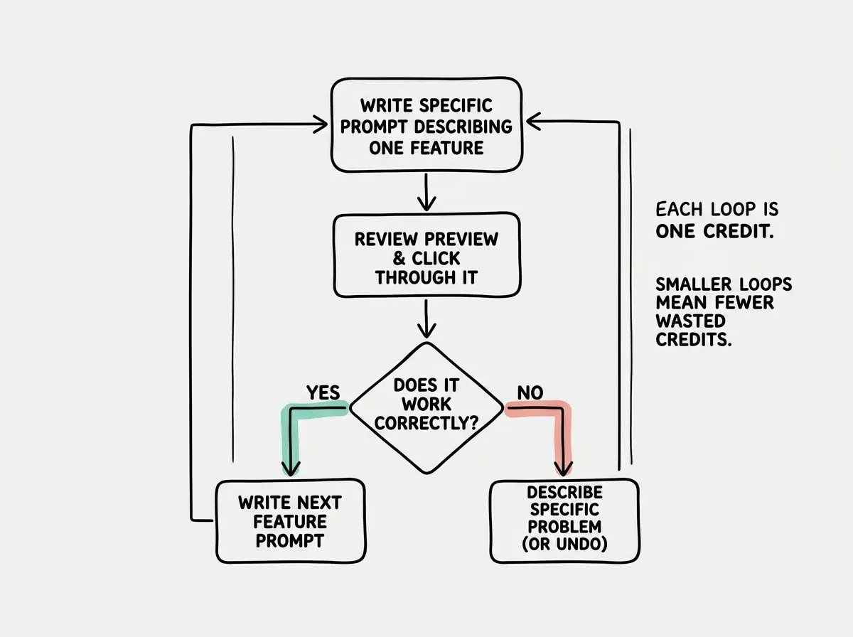 EXPLAINER DIAGRAM: A flowchart showing the ideal Lovable build loop. Step 1: Write a specific prompt describing one feature. Step 2: Review the preview and click through it. Step 3: A decision diamond asking Does it work correctly with two paths. YES path leads to Step 4: Write the next feature prompt. NO path leads to Step 5: Describe the specific problem you see (or use Undo). Both paths loop back to Step 1. Annotations on the side read: Each loop is one credit. Smaller loops mean fewer wasted credits.