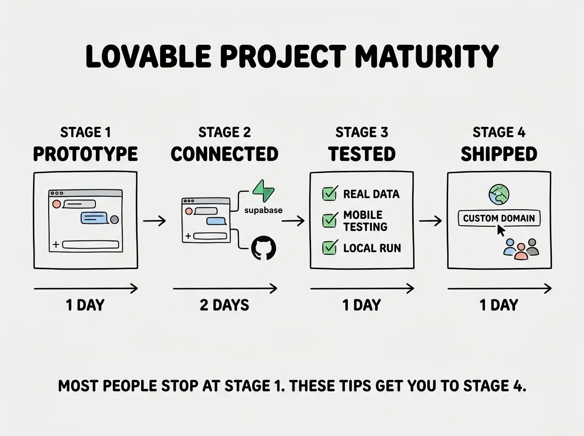 EXPLAINER DIAGRAM: A horizontal progression showing four stages of Lovable project maturity. Stage 1 labeled PROTOTYPE shows a simple box with a chat interface. Stage 2 labeled CONNECTED shows the box now linked to icons for Supabase and GitHub. Stage 3 labeled TESTED shows the box with checkmarks for real data, mobile testing, and local run. Stage 4 labeled SHIPPED shows the box with a custom domain and users. Arrows connect each stage. Below each stage is a label: 1 day, 2 days, 1 day, 1 day. A note at the bottom reads: Most people stop at Stage 1. These tips get you to Stage 4.