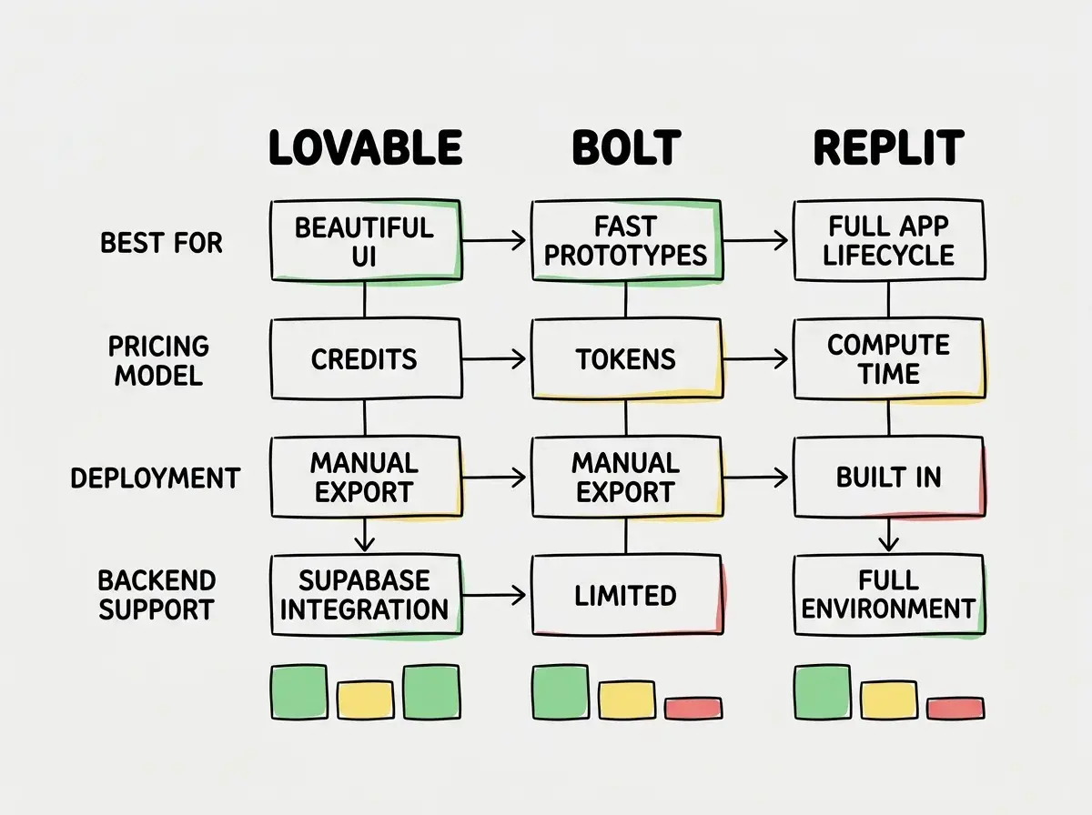 EXPLAINER DIAGRAM: A horizontal comparison chart with three columns labeled LOVABLE, BOLT, and REPLIT. Each column has four rows. Row 1 BEST FOR shows BEAUTIFUL UI for Lovable, FAST PROTOTYPES for Bolt, FULL APP LIFECYCLE for Replit. Row 2 PRICING MODEL shows CREDITS for Lovable, TOKENS for Bolt, COMPUTE TIME for Replit. Row 3 DEPLOYMENT shows MANUAL EXPORT for Lovable, MANUAL EXPORT for Bolt, BUILT IN for Replit. Row 4 BACKEND SUPPORT shows SUPABASE INTEGRATION for Lovable, LIMITED for Bolt, FULL ENVIRONMENT for Replit. Colored bars under each column indicate relative strength: green for strengths, yellow for adequate, red for weak.
