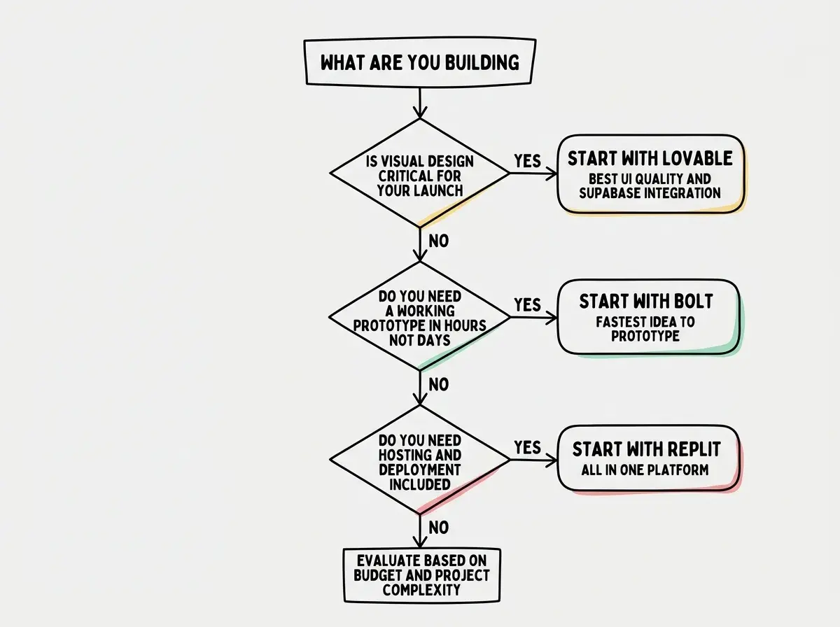 EXPLAINER DIAGRAM: A decision tree flowchart. Starting node at top reads WHAT ARE YOU BUILDING. First diamond decision reads IS VISUAL DESIGN CRITICAL FOR YOUR LAUNCH. YES arrow leads right to a rounded box reading START WITH LOVABLE with subtext BEST UI QUALITY AND SUPABASE INTEGRATION. NO arrow leads down to second diamond reading DO YOU NEED A WORKING PROTOTYPE IN HOURS NOT DAYS. YES arrow leads right to a rounded box reading START WITH BOLT with subtext FASTEST IDEA TO PROTOTYPE. NO arrow leads down to third diamond reading DO YOU NEED HOSTING AND DEPLOYMENT INCLUDED. YES arrow leads right to a rounded box reading START WITH REPLIT with subtext ALL IN ONE PLATFORM. NO arrow leads to a box reading EVALUATE BASED ON BUDGET AND PROJECT COMPLEXITY.