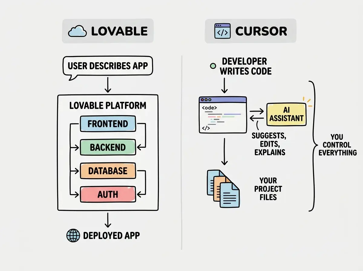 EXPLAINER DIAGRAM: A split layout with two columns. Left column header reads LOVABLE with a cloud icon. It shows a vertical flow: USER DESCRIBES APP in a speech bubble at the top, then a large box labeled LOVABLE PLATFORM containing four smaller boxes stacked vertically: FRONTEND, BACKEND, DATABASE, AUTH, all connected by internal arrows. Below the platform box, an arrow points to DEPLOYED APP with a globe icon. Right column header reads CURSOR with a code editor icon. It shows a vertical flow: DEVELOPER WRITES CODE in a code window at the top, then a glowing AI ASSISTANT box alongside it with bidirectional arrows labeled SUGGESTS, EDITS, EXPLAINS. Below, multiple file icons labeled YOUR PROJECT FILES. A bracket on the right labels the whole right side as YOU CONTROL EVERYTHING.