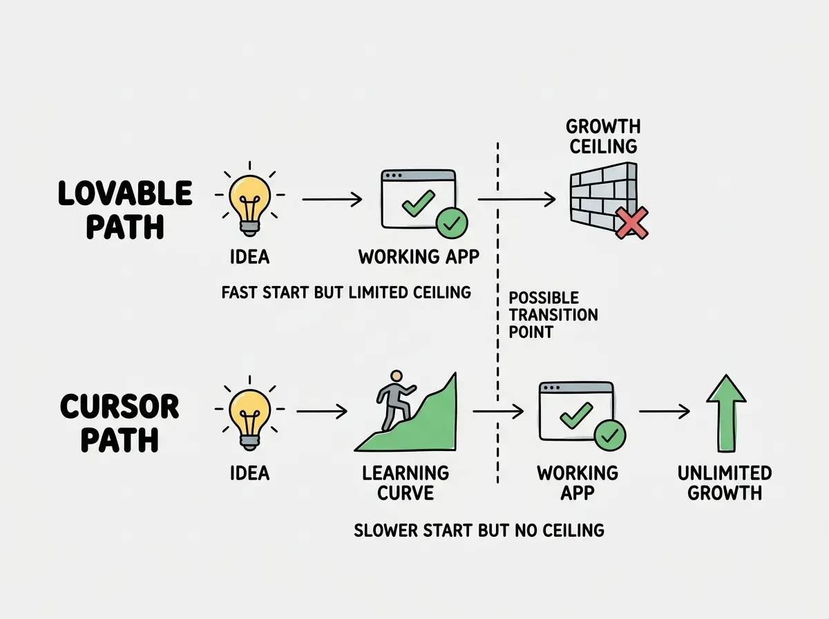 EXPLAINER DIAGRAM: A horizontal journey map with two parallel paths. Top path labeled LOVABLE PATH shows three stages connected by arrows: IDEA on the left as a lightbulb icon, WORKING APP in the middle as a browser window icon with a green checkmark, and GROWTH CEILING on the right as a wall icon with a red X. A label below reads FAST START BUT LIMITED CEILING. Bottom path labeled CURSOR PATH shows four stages: IDEA as a lightbulb, LEARNING CURVE in the middle as an upward slope with a person climbing, WORKING APP as a browser window with a green checkmark, and UNLIMITED GROWTH on the right as an upward arrow. A label below reads SLOWER START BUT NO CEILING. A vertical dashed line between the two paths at the WORKING APP stage is labeled POSSIBLE TRANSITION POINT.