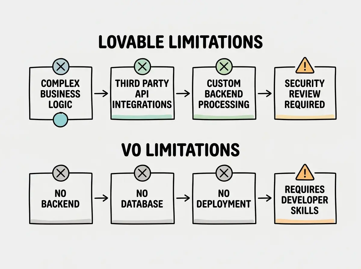 EXPLAINER DIAGRAM: A horizontal comparison chart with two rows. Top row is labeled LOVABLE LIMITATIONS and shows four boxes in a row: COMPLEX BUSINESS LOGIC with an X mark, THIRD PARTY API INTEGRATIONS with an X mark, CUSTOM BACKEND PROCESSING with an X mark, and SECURITY REVIEW REQUIRED with a warning triangle. Bottom row is labeled V0 LIMITATIONS and shows four boxes: NO BACKEND with an X mark, NO DATABASE with an X mark, NO DEPLOYMENT with an X mark, and REQUIRES DEVELOPER SKILLS with a warning triangle.