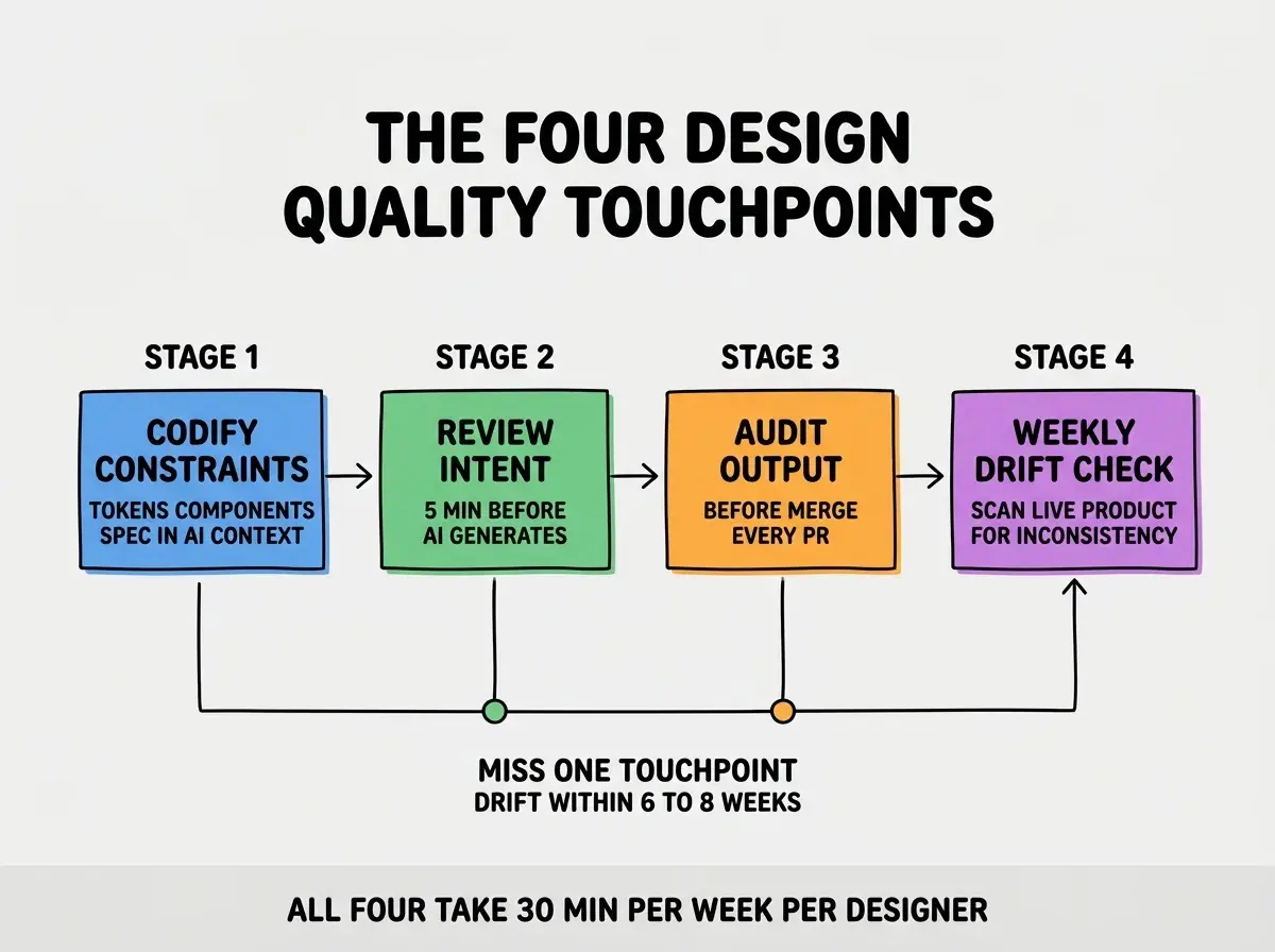 EXPLAINER DIAGRAM titled THE FOUR DESIGN QUALITY TOUCHPOINTS shown as a horizontal four-stage pipeline on a slate background. Stage 1 colored blue CODIFY CONSTRAINTS sublabel TOKENS COMPONENTS SPEC IN AI CONTEXT. Stage 2 colored green REVIEW INTENT sublabel 5 MIN BEFORE AI GENERATES. Stage 3 colored orange AUDIT OUTPUT sublabel BEFORE MERGE EVERY PR. Stage 4 colored purple WEEKLY DRIFT CHECK sublabel SCAN LIVE PRODUCT FOR INCONSISTENCY. Arrows connect each stage left to right. Center label reads MISS ONE TOUCHPOINT, DRIFT WITHIN 6 TO 8 WEEKS. Footer reads ALL FOUR TAKE 30 MIN PER WEEK PER DESIGNER.
