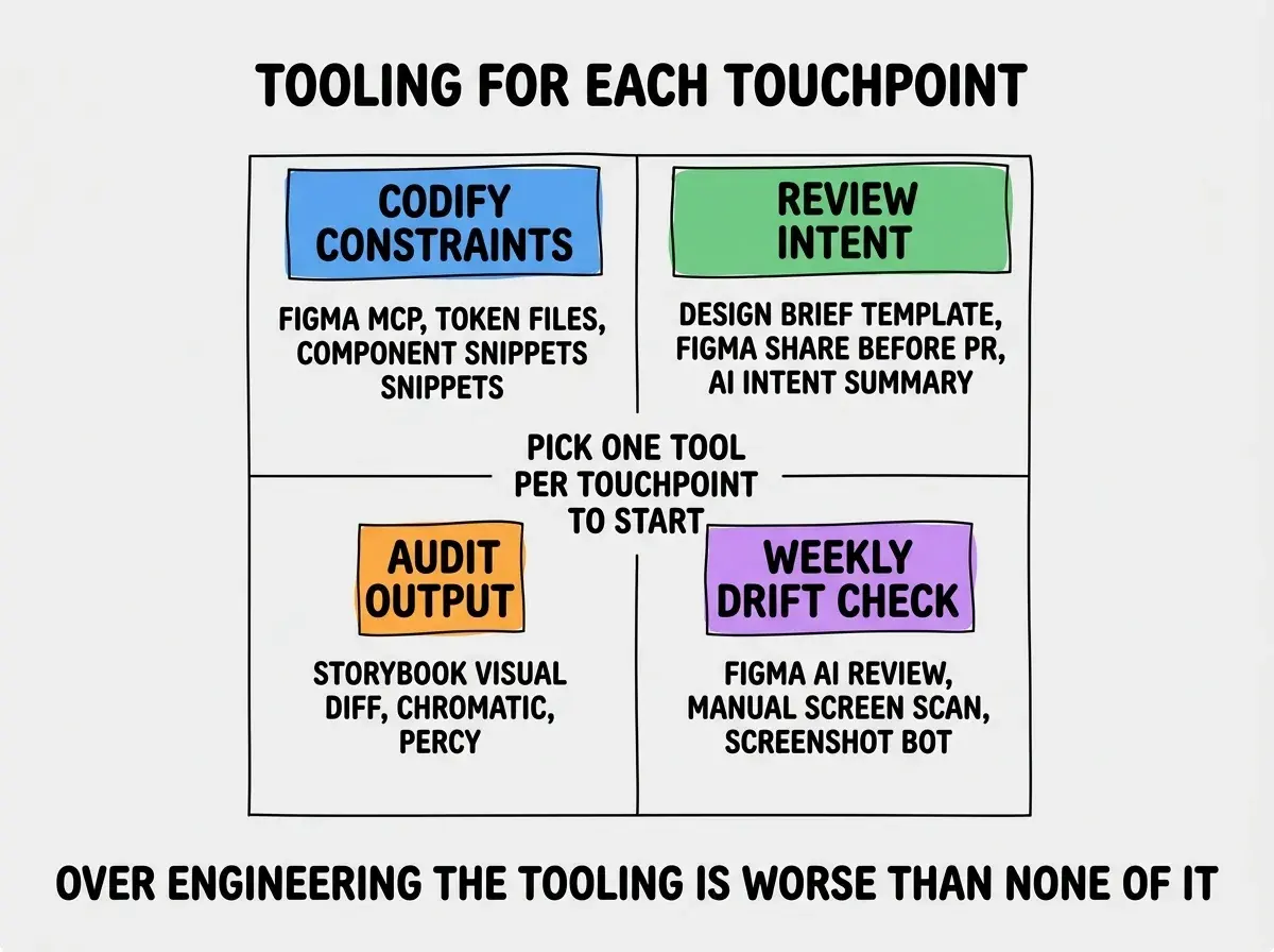 EXPLAINER DIAGRAM titled TOOLING FOR EACH TOUCHPOINT shown as a 2x2 grid of quadrants on a slate background. Top left quadrant blue header CODIFY CONSTRAINTS, sublabel FIGMA MCP, TOKEN FILES, COMPONENT SNIPPETS. Top right green header REVIEW INTENT, sublabel DESIGN BRIEF TEMPLATE, FIGMA SHARE BEFORE PR, AI INTENT SUMMARY. Bottom left orange header AUDIT OUTPUT, sublabel STORYBOOK VISUAL DIFF, CHROMATIC, PERCY. Bottom right purple header WEEKLY DRIFT CHECK, sublabel FIGMA AI REVIEW, MANUAL SCREEN SCAN, SCREENSHOT BOT. Center label reads PICK ONE TOOL PER TOUCHPOINT TO START. Footer reads OVER ENGINEERING THE TOOLING IS WORSE THAN NONE OF IT.