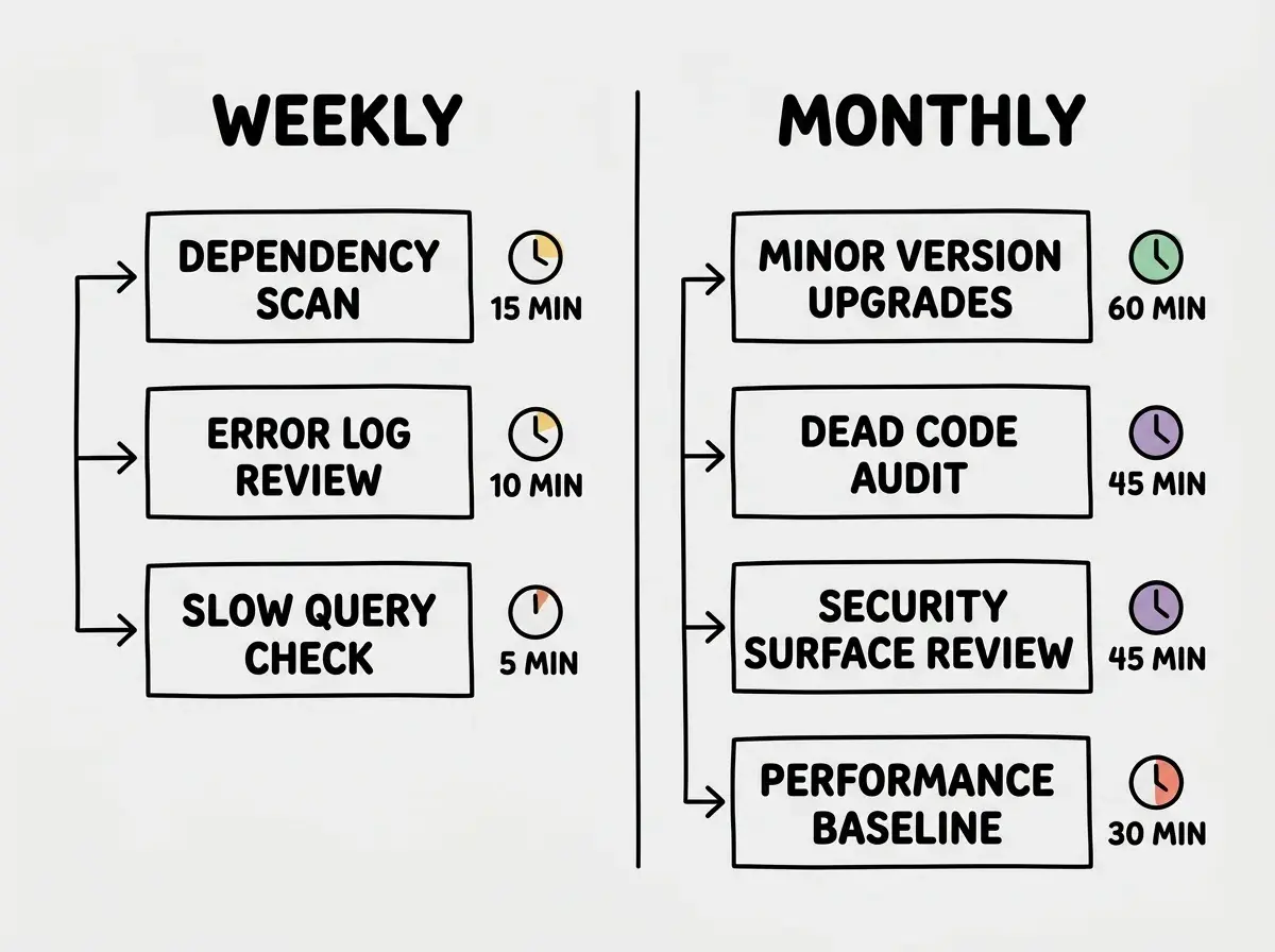 EXPLAINER DIAGRAM: A two-column layout showing maintenance cadence. Left column labeled WEEKLY lists: dependency scan (15 min), error log review (10 min), slow query check (5 min). Right column labeled MONTHLY lists: minor version upgrades (60 min), dead code audit (45 min), security surface review (45 min), performance baseline (30 min). Each item has a small clock icon showing estimated time. Clean minimal style on white background with light gray column dividers.