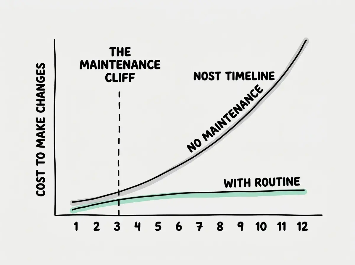 EXPLAINER DIAGRAM: A line graph showing two diverging curves over a 12-month timeline. The x-axis shows months 1 through 12. The y-axis shows 'Cost to make changes'. One curve labeled NO MAINTENANCE starts low and rises steeply from month 3 onward, reaching very high cost by month 12. The second curve labeled WITH ROUTINE rises slightly and then flattens, staying low through month 12. A vertical dashed line at month 3 is labeled 'The Maintenance Cliff'. Clean minimal chart style on light background.